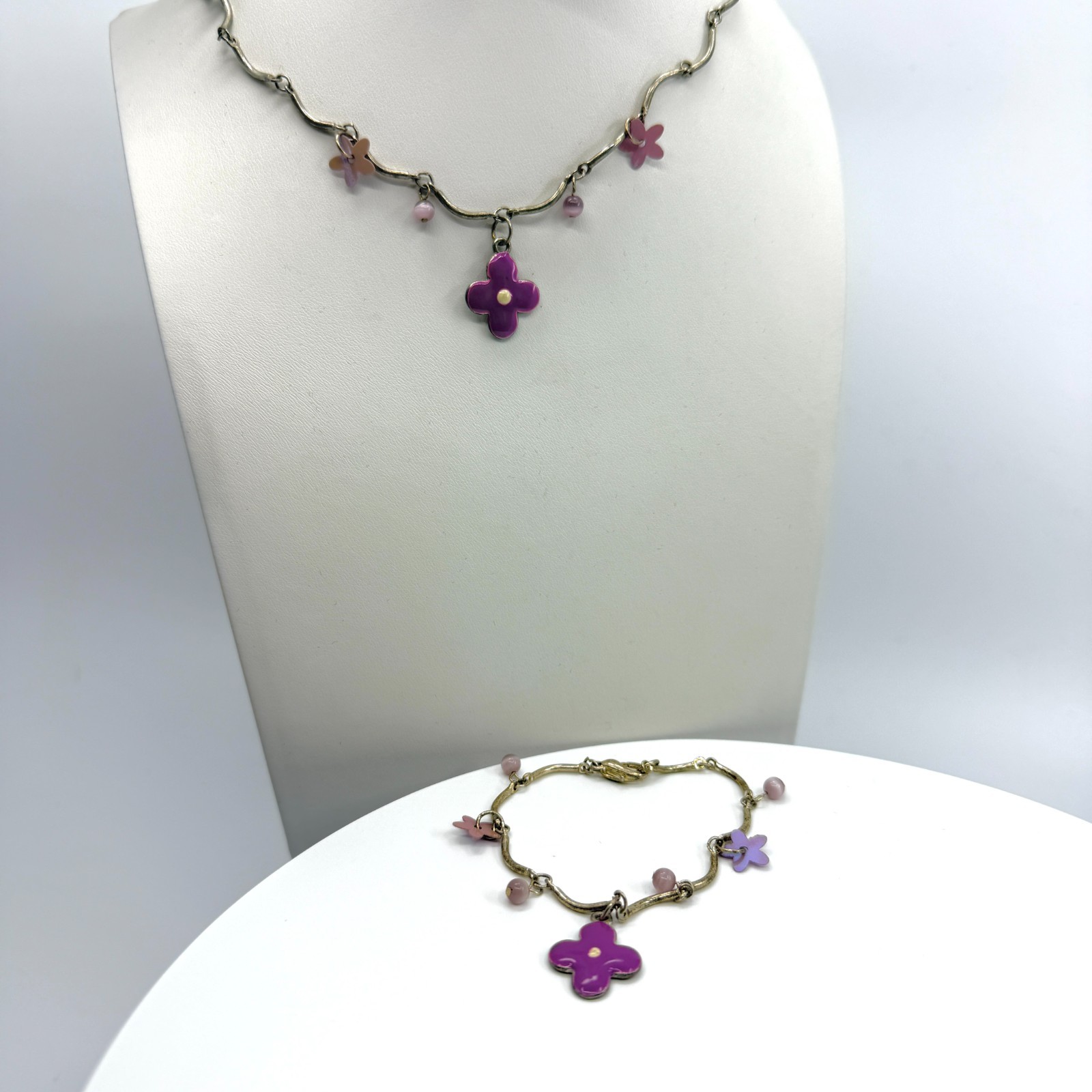 Vintage Gold Tone Jewelry Set Purple Enamel Flower Necklace Bracelet Statement