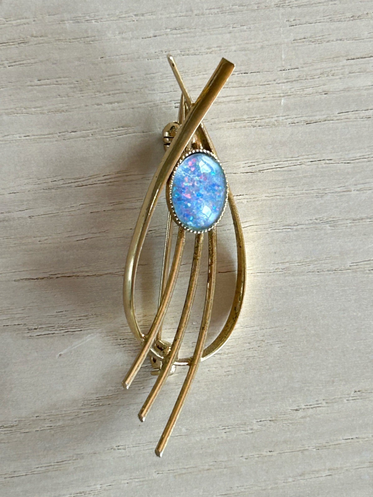 Vintage Mid-Century Modernist Gold Plated Blue Opal Brooch Pin, Rollover Clasp