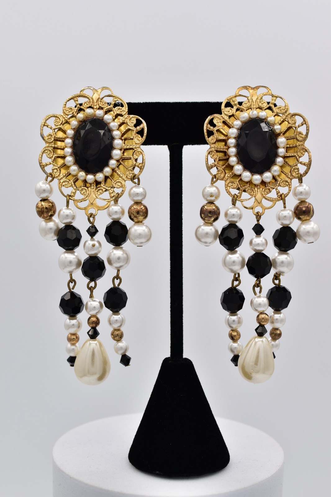 Jacklynn Vintage Beaded Fringe Clip On Earrings Black Crystal Pearl Gold BinBF