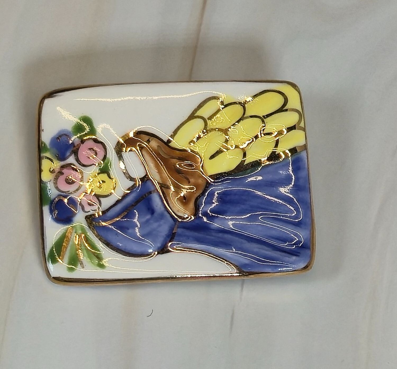 Ceramic Brooch Angel Hand-painted Watercolor Gold Gild Floral Vintage Jewelry…