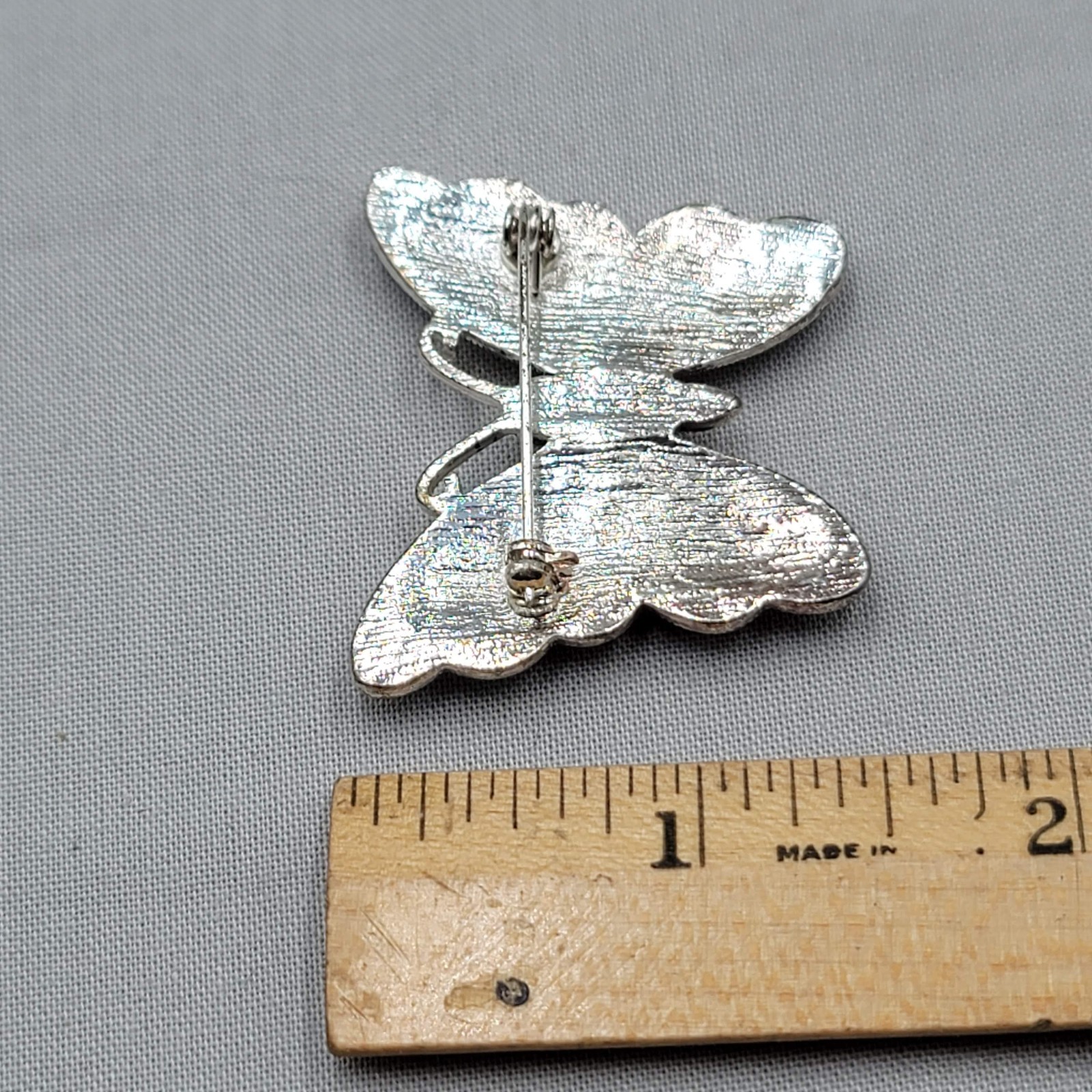 Vintage Yellow Black Butterfly Brooch Rhinestone Silver tone 1.5″