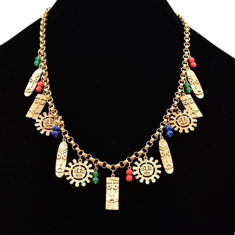 Vintage Tribal Charm Necklace Sun Tiki Mask Beaded Gold Heavy Chunky NOS BinA5