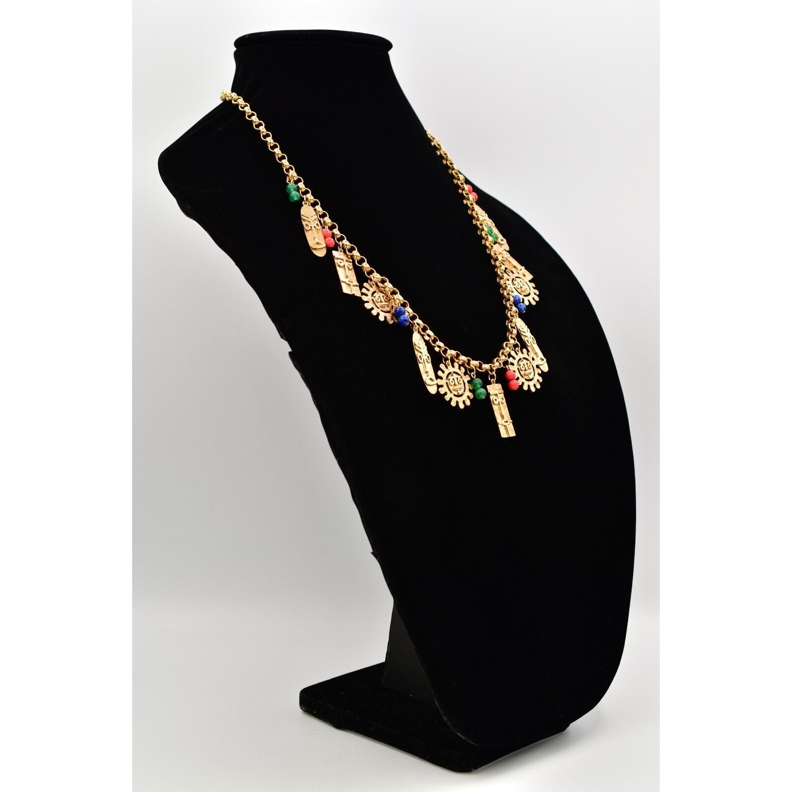 Vintage Tribal Charm Necklace Sun Tiki Mask Beaded Gold Heavy Chunky NOS BinA5