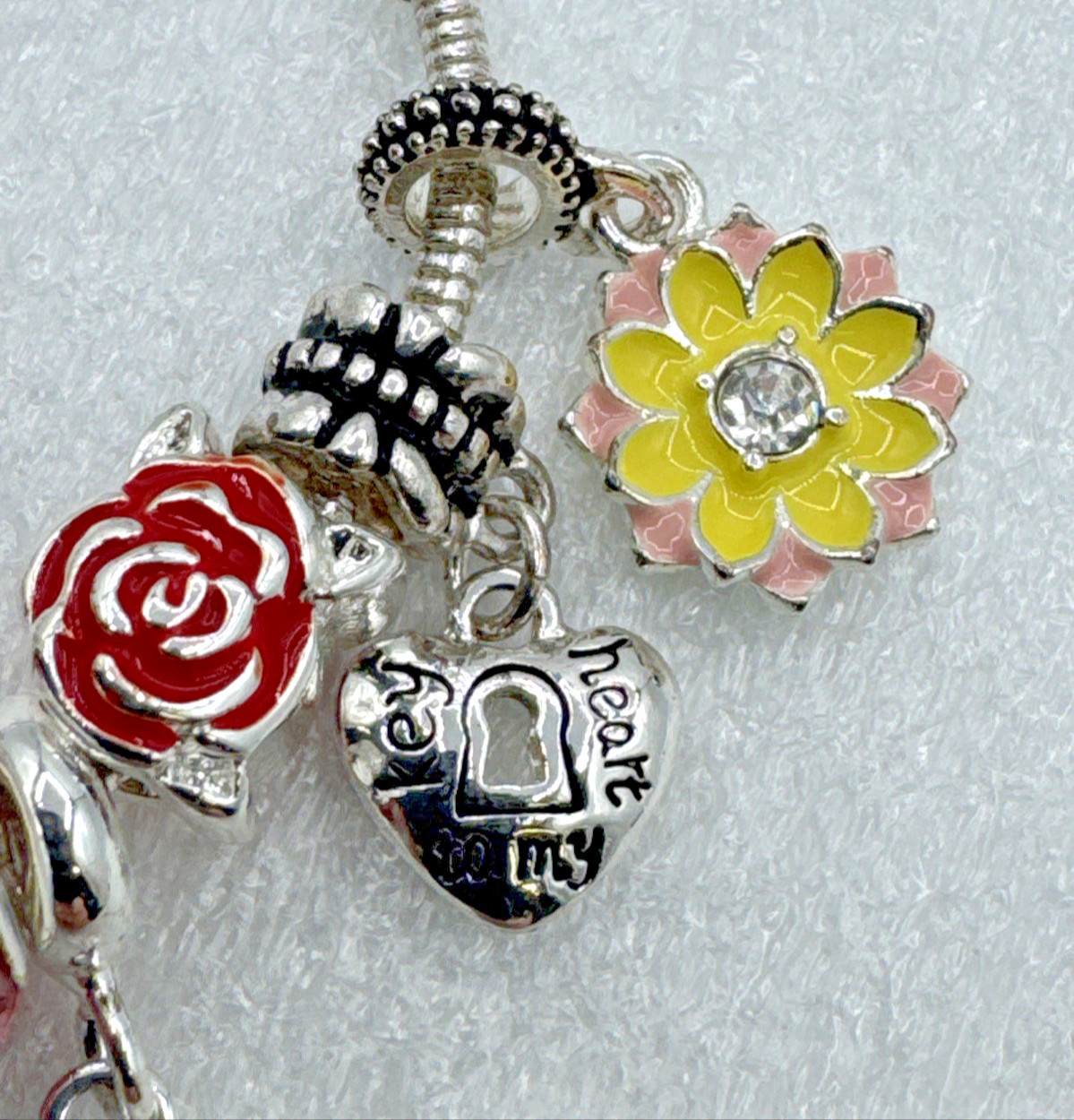 Silver Tone Snake Chain Charm Bracelet 6.5” – 13 Charms Pets Flowers Hearts Love