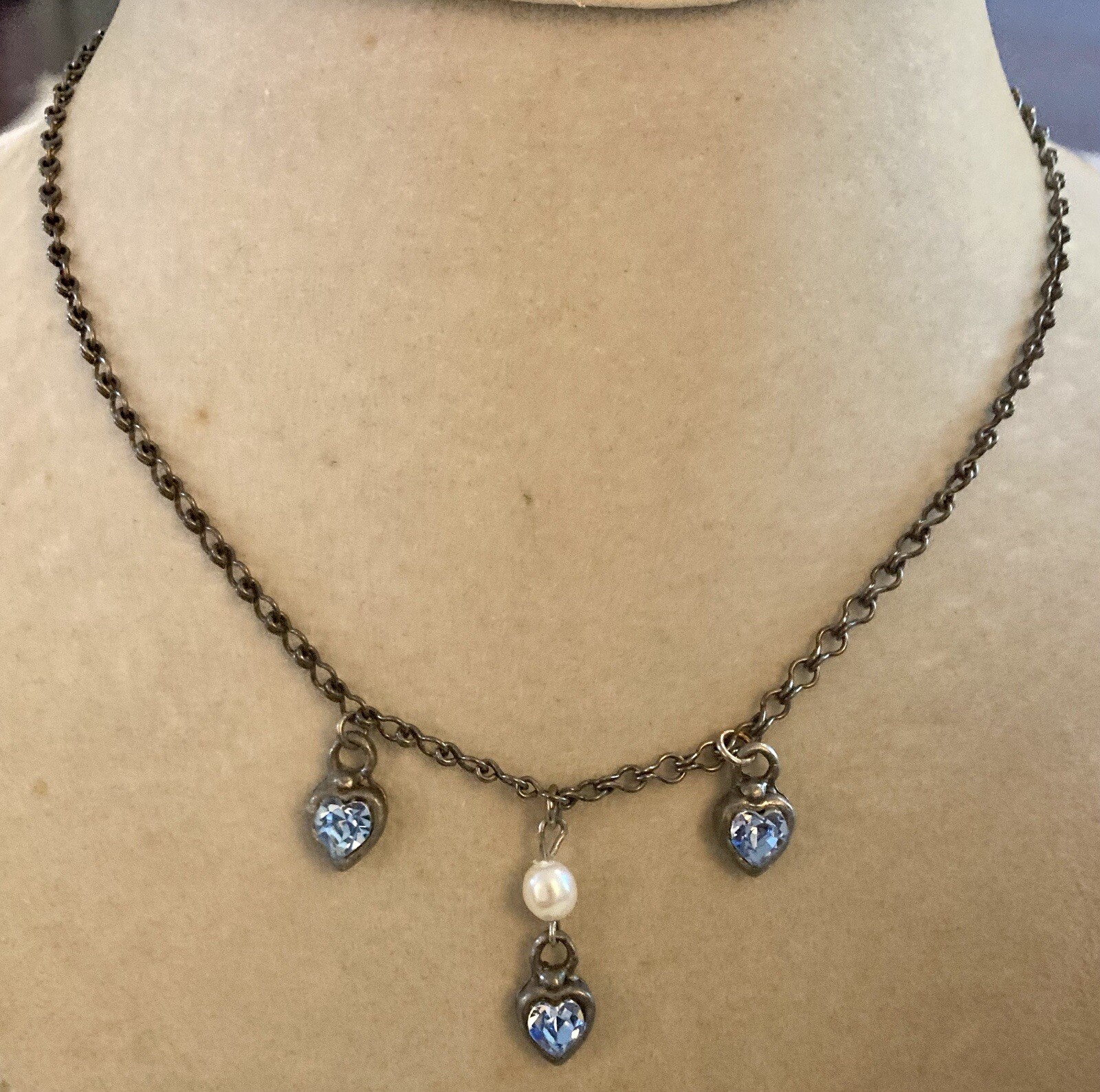 Vintg EH Elvin Hillestad Norway Necklace Crystal Hearts Pearl Charms Signed 15”