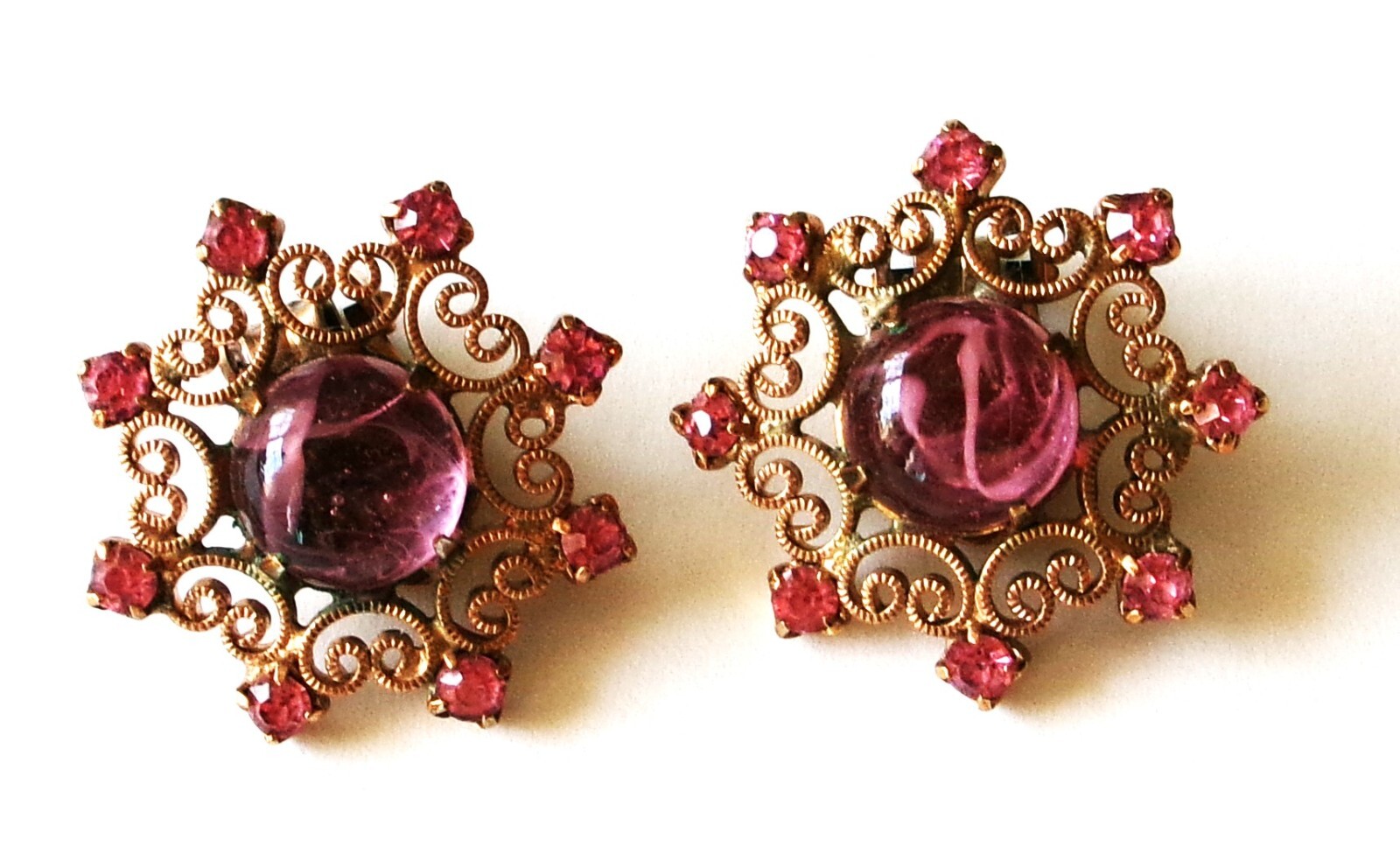 Vintage Weiss Signed Earrings Cip On Pink Rhinestone Filigree