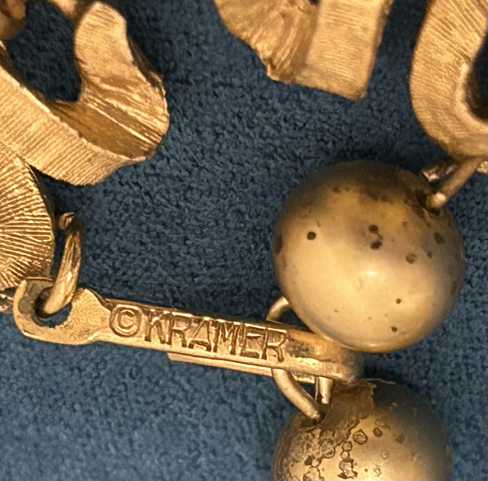 VTG Kramer Signed Triple Strand Graduated Faux Pearl Necklace Gold Tone 1950s