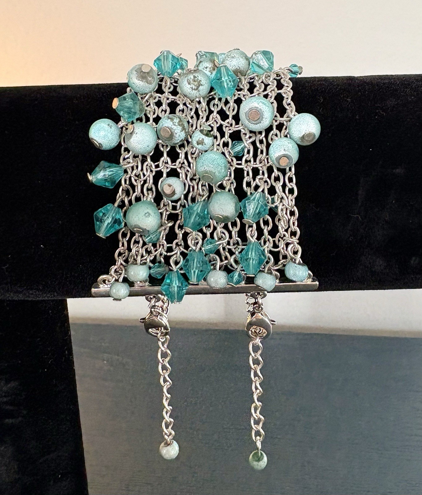 Vintage Silver Tone Mesh Bracelet Interwoven Turquoise and Teal Glass Beads