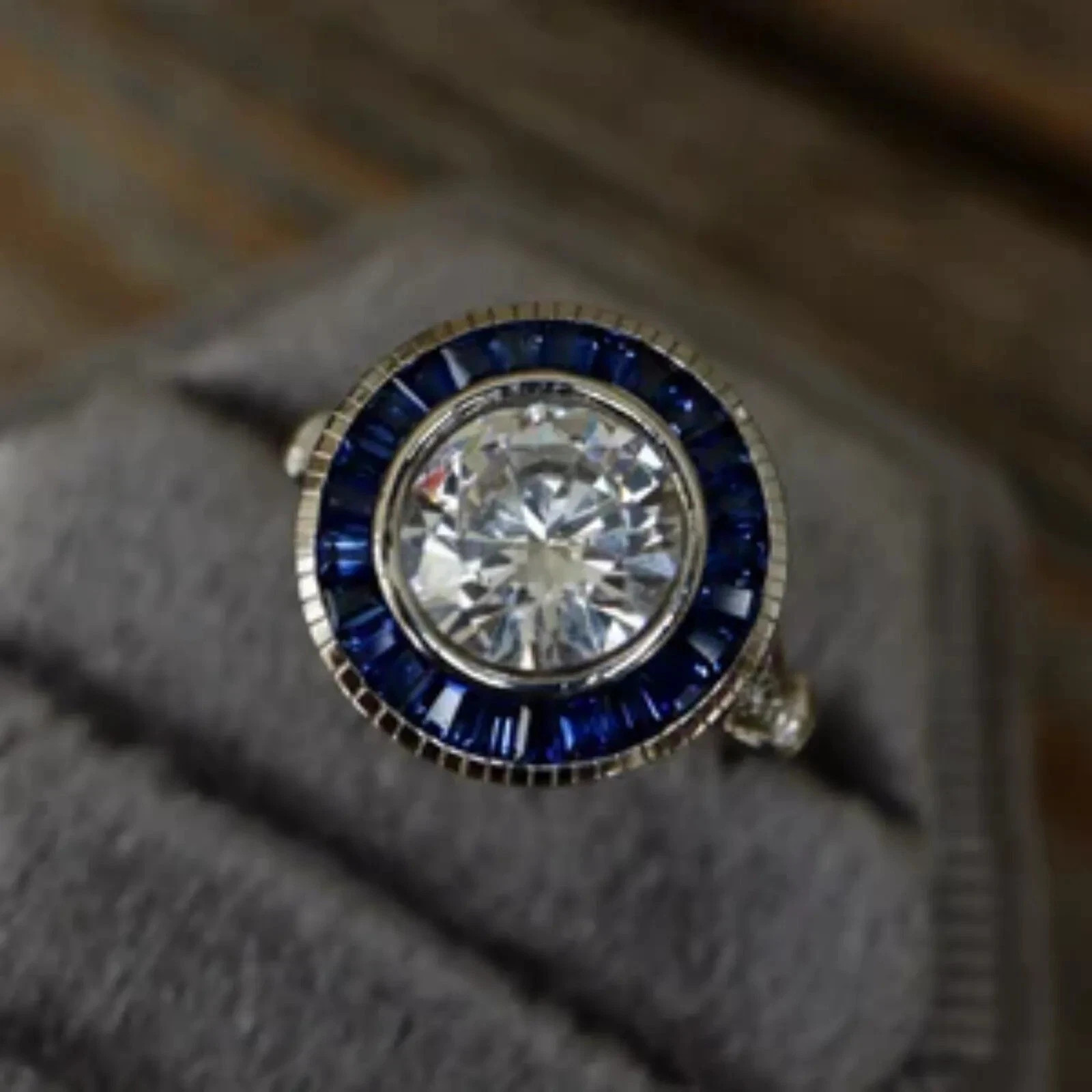 Art Deco Style Halo Lab Created Diamond Sapphire 14K White Gold FN Wedding Ring