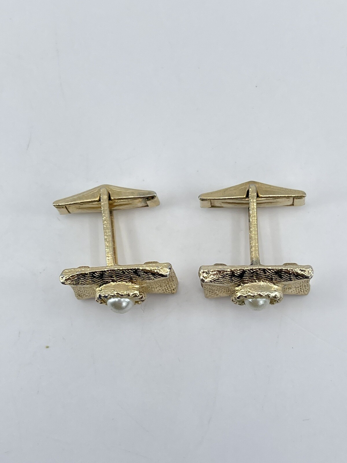 Vintage Faux Pearl mens cufflinks rectangle brushed gold tone concave whale back