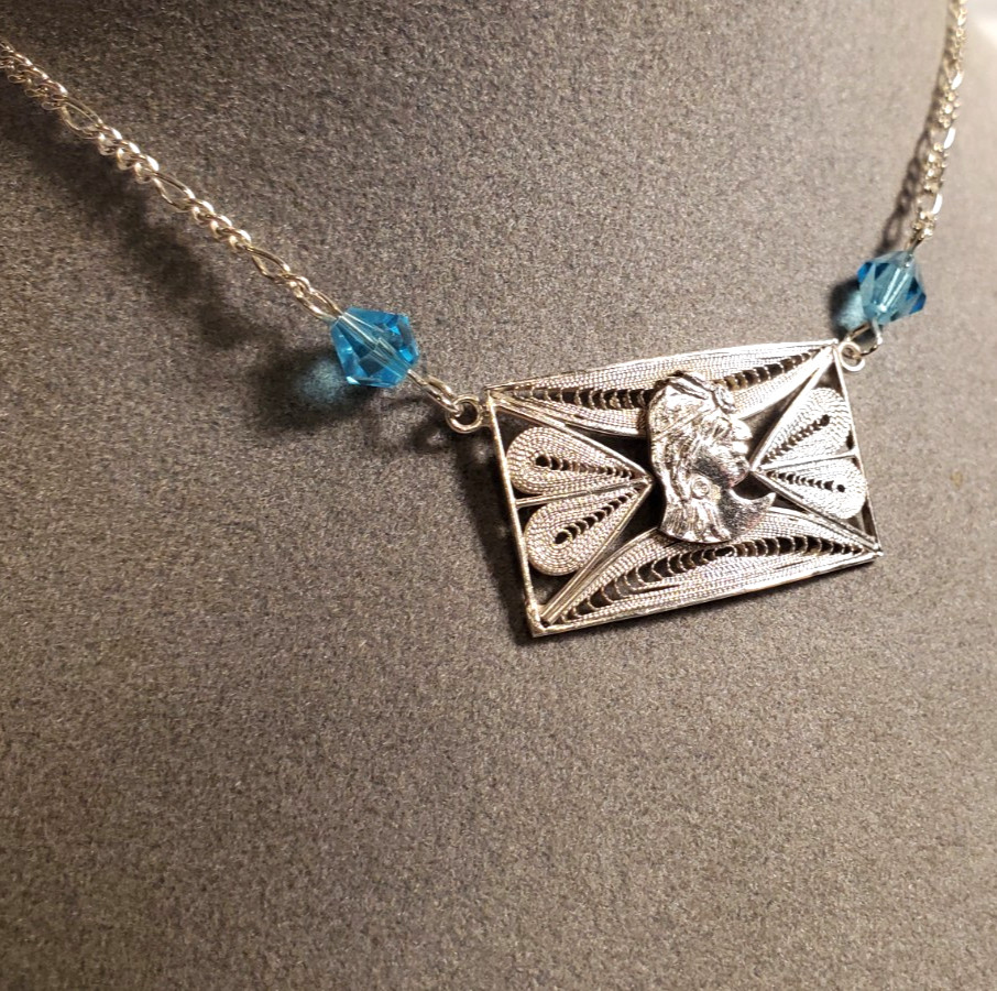 VTG 18″ Solid Sterling Silver Unusual Exotic Ethnic Princess Pendant Necklace