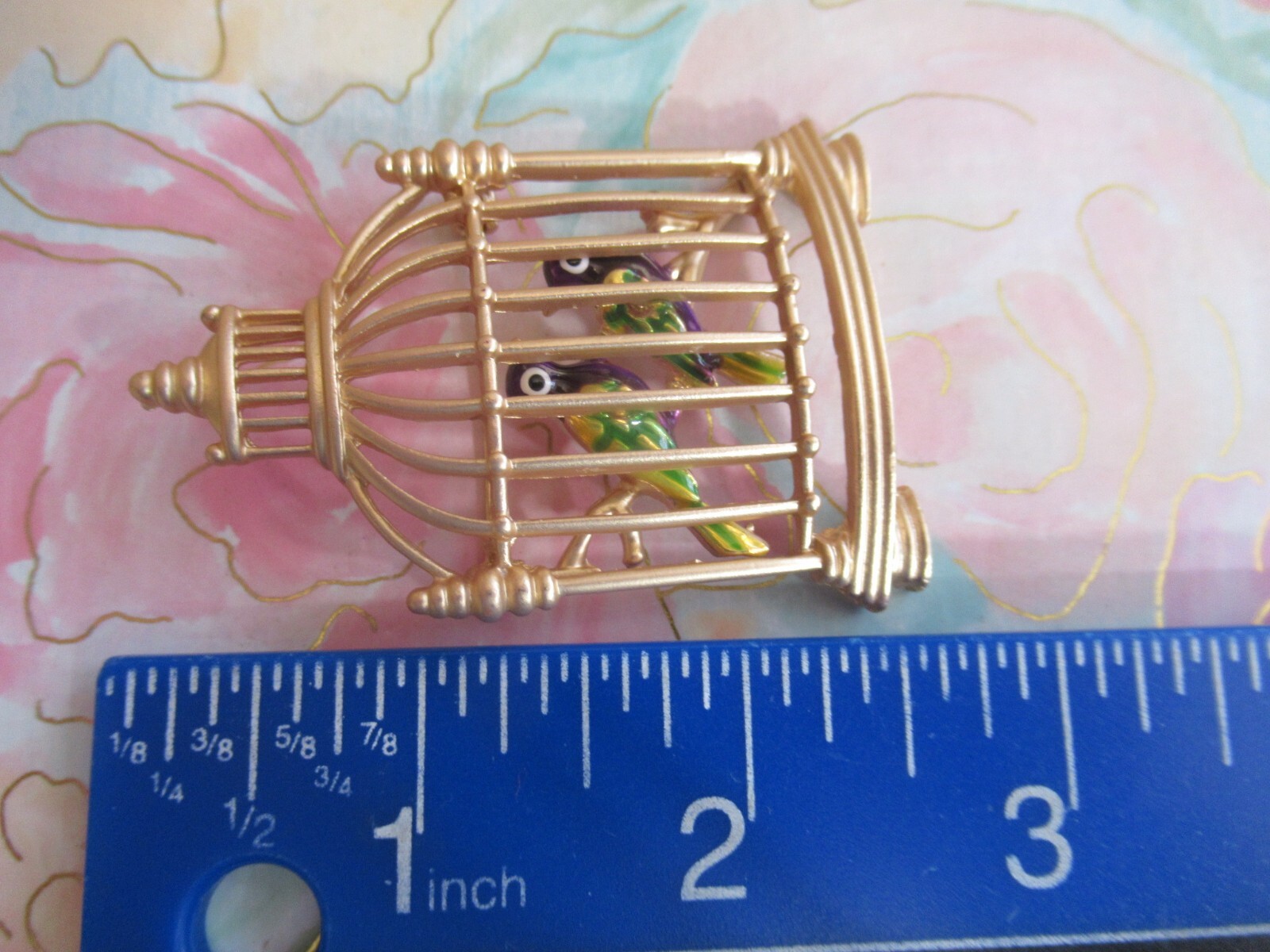 DIMENSIONAL BIRD CAGE ENAMEL & GOLD TONE BROOCH PIN