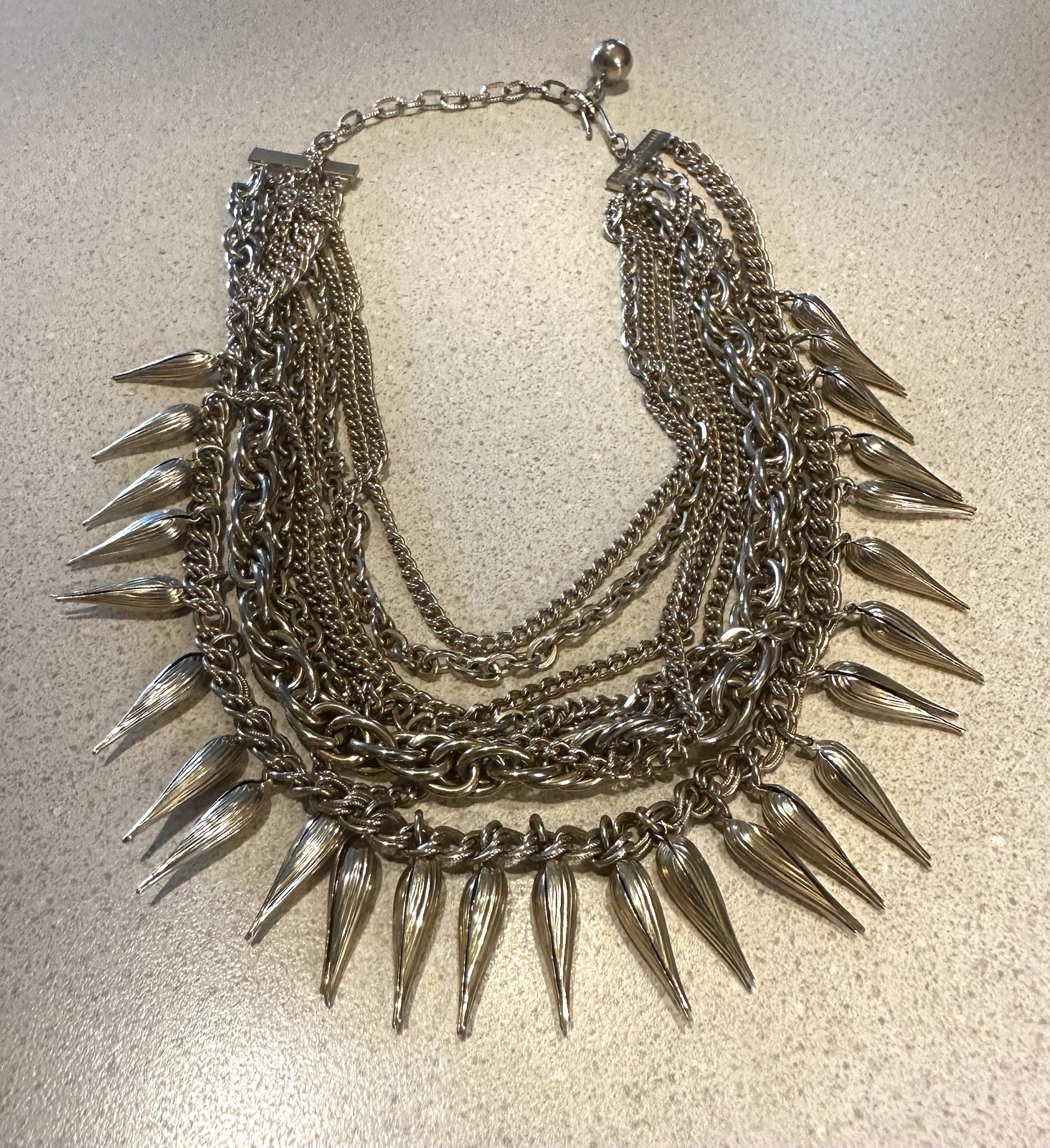 Vtg Multi-Chain Spike Rivet Chunky Choker Bib Statement Necklace Antique GoldTon