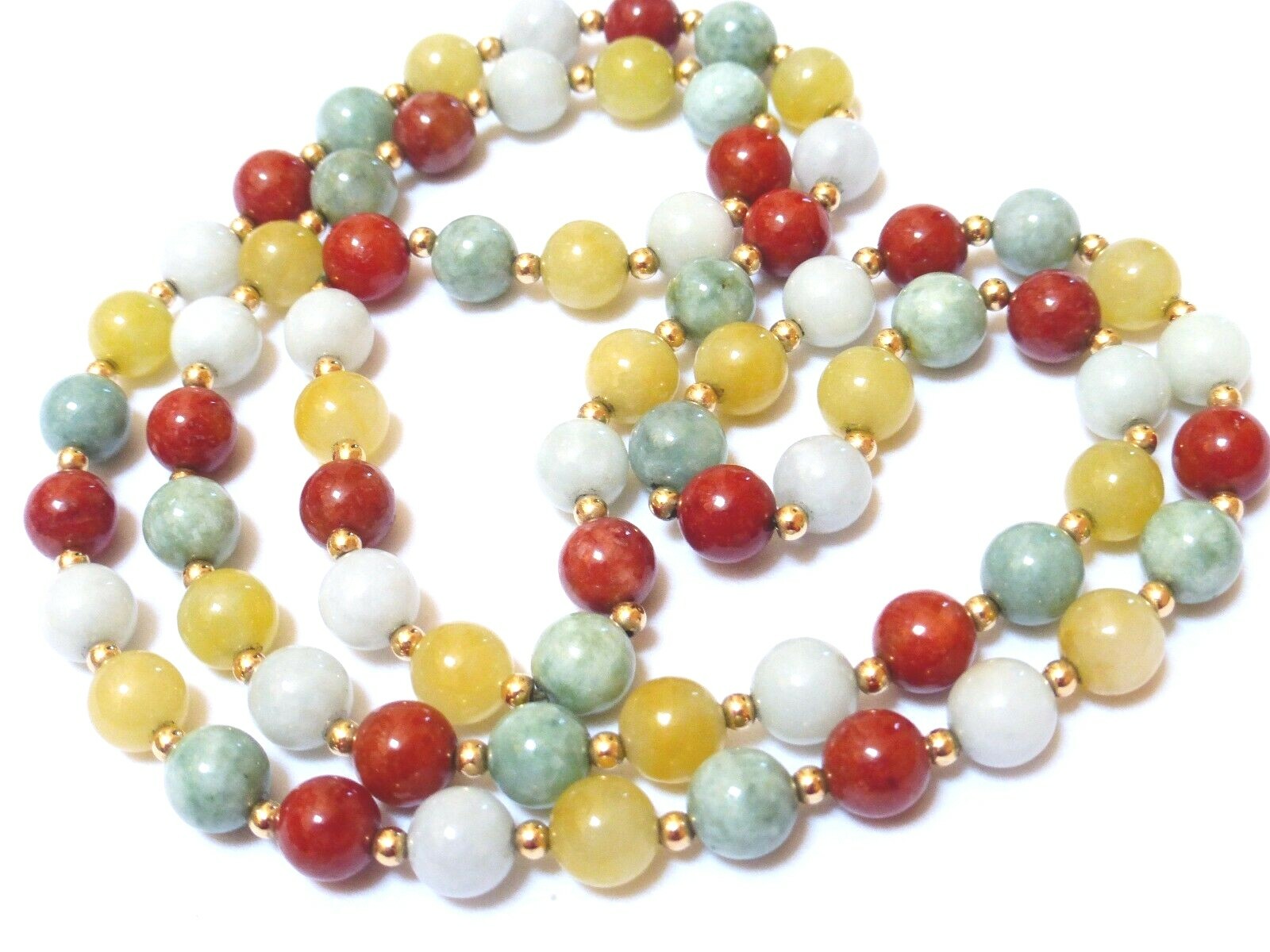 Vintage Chinese 14K Solid GOLD Multi-Color Jade 8mm Beads Necklace 28″, no clasp