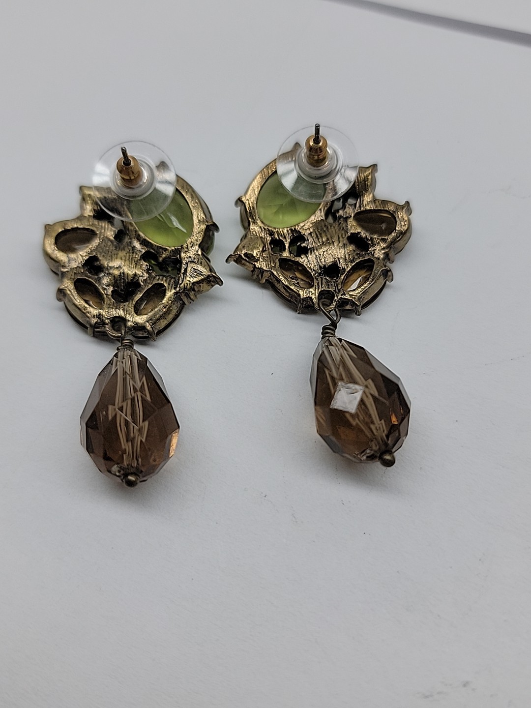 Green Brown Vintage Gem Stud With Bead Dangle Olive Green Golden Brown Unbranded
