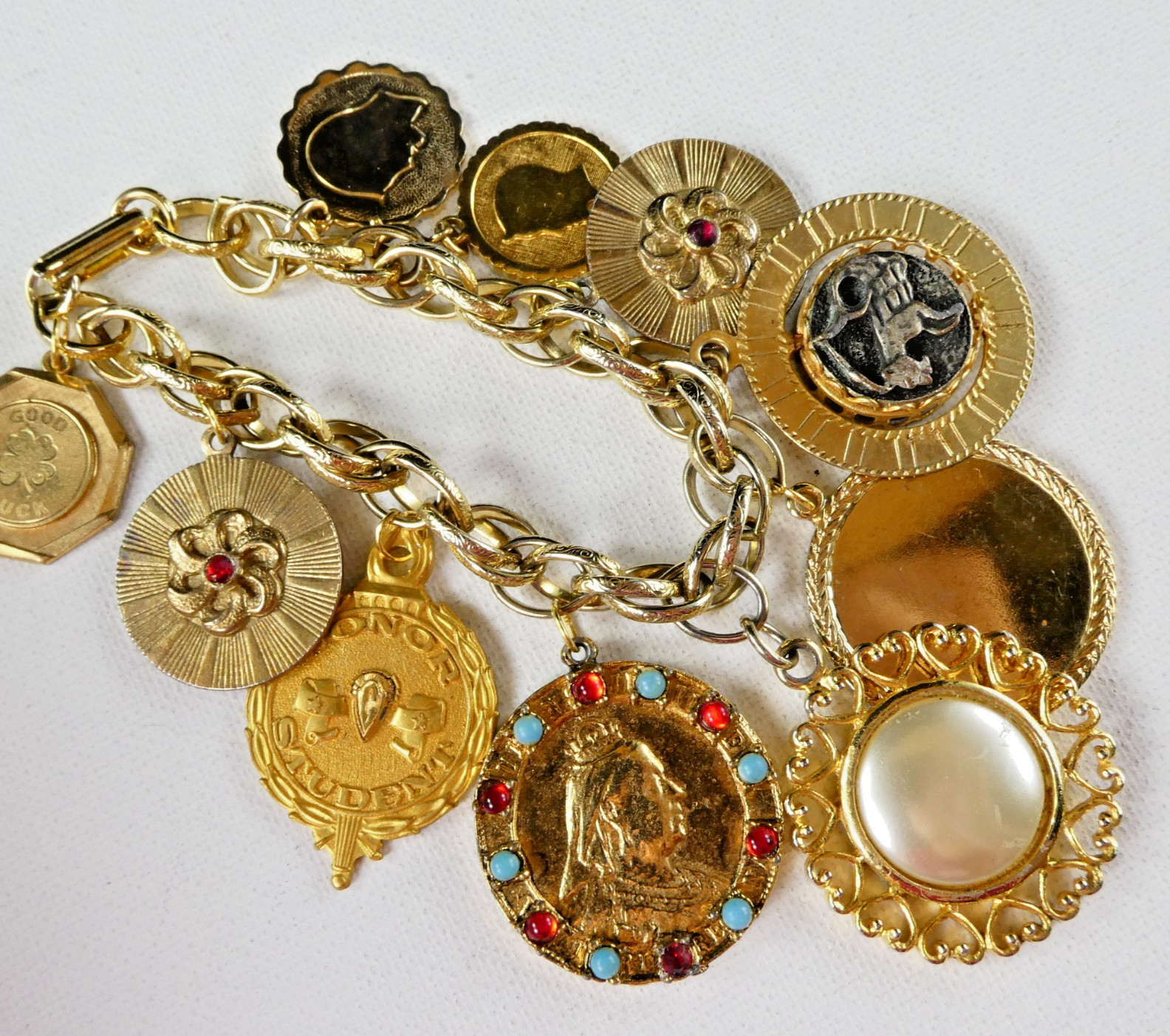 Vintage Heavy Charm Bracelet All Round Charms Gold Plated Engravable Good Luck
