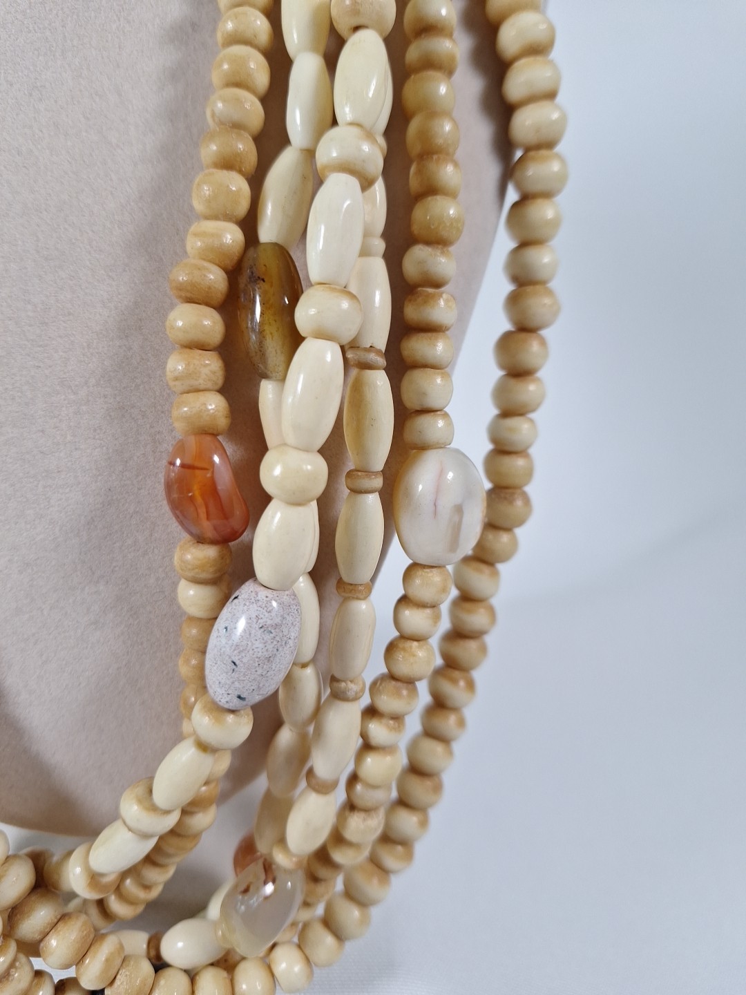Bleached 6 Strand Tan & Beige Necklace With Agates 21.5″