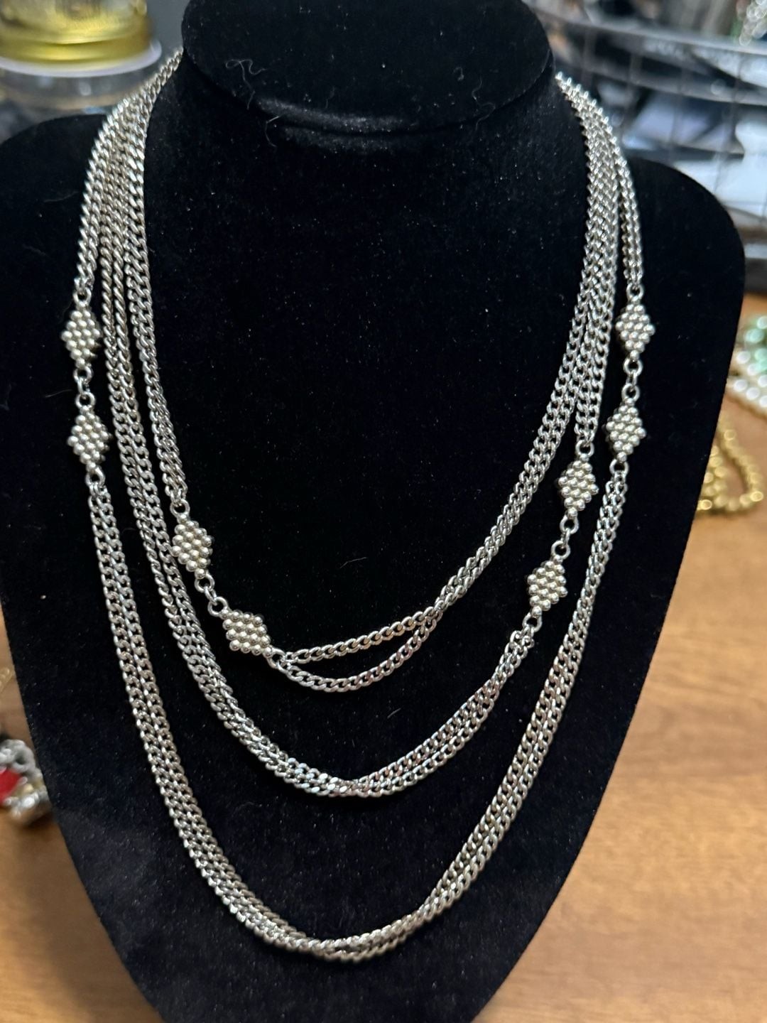 Monet Multi-Strand Silver Tone Chain Necklace with Textured Bead Stations