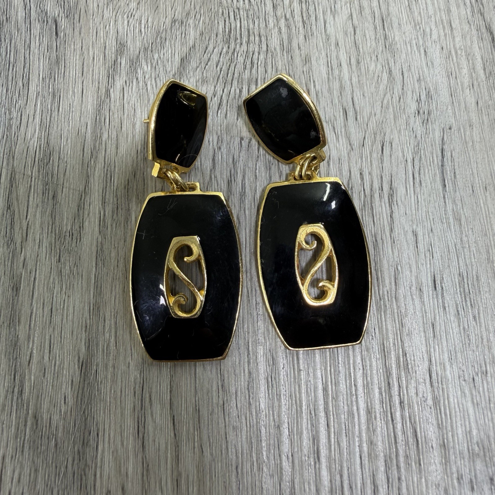 Vintage Earrings EDGAR BEREBI Gold Tone-Black Enamel Drop Dangle MCM Retro