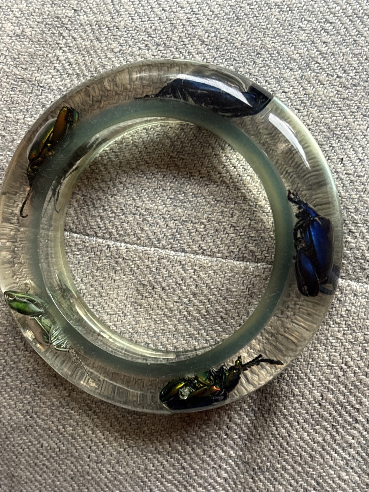 Vtg Metallic Frog Legged Beetle Bracelet Translucent Resin, Med 1960s, NOS (#9)