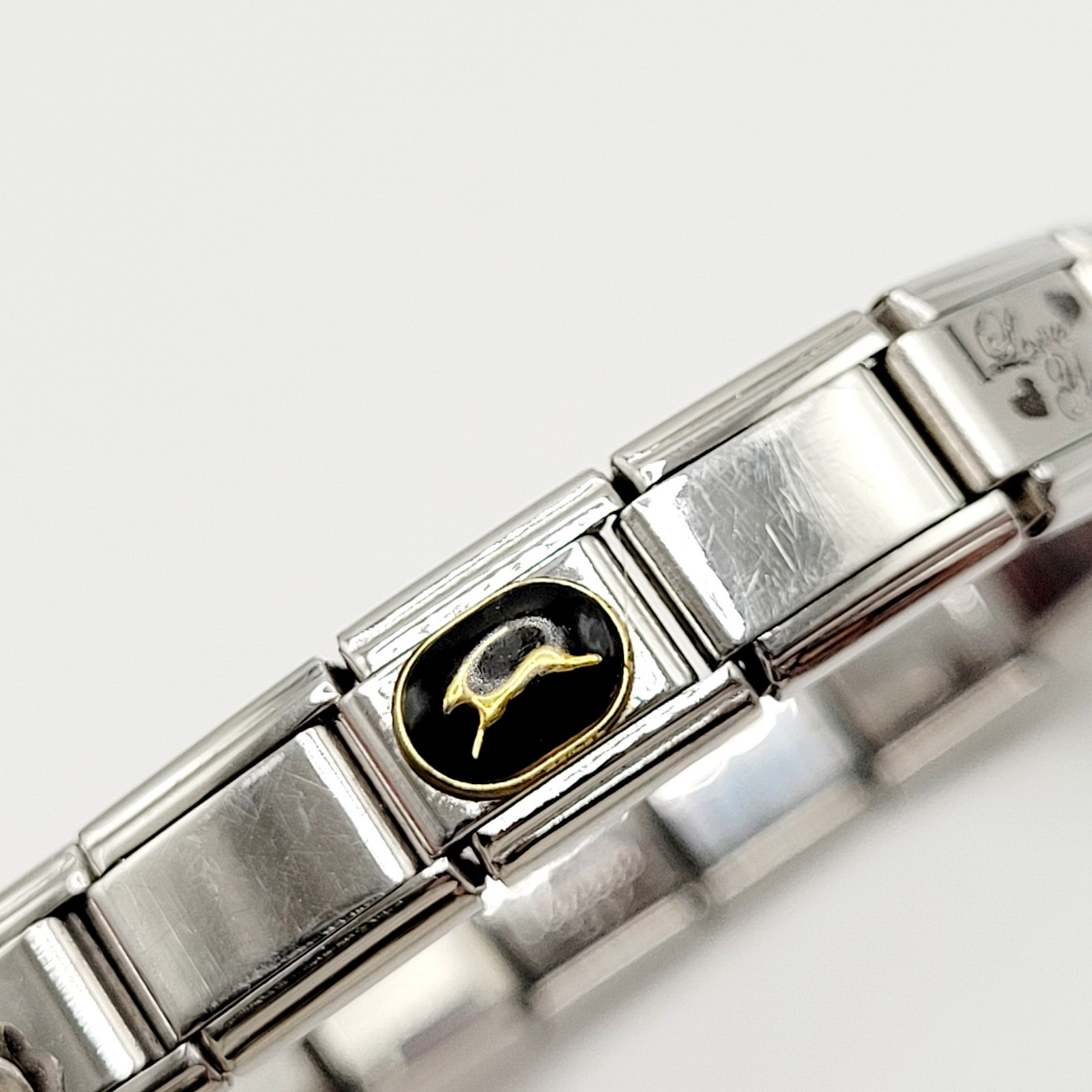 Vintage Italian Style Modular Stainless Steel Charm Bracelet w Mom USA Flag Dog
