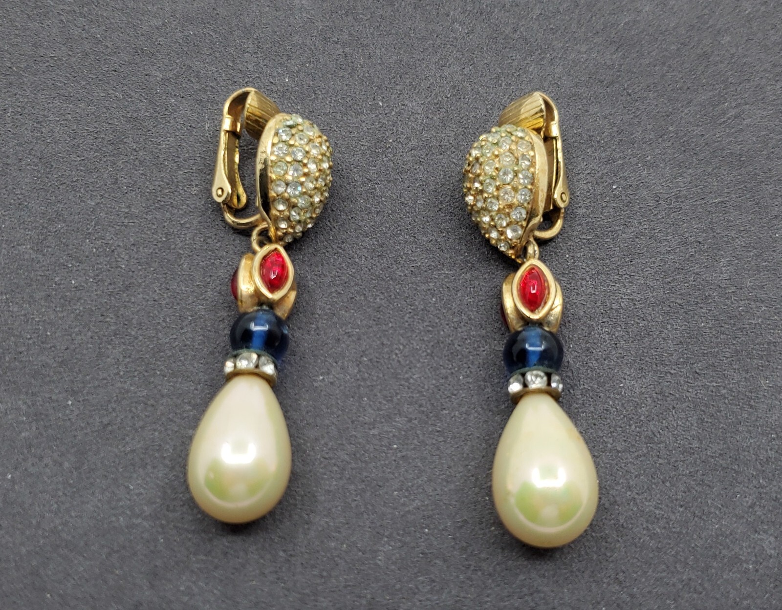 Christian DIOR VTG Gold Ruby Red Blue Glass Cabochons Faux Pearl Dangle Clip On