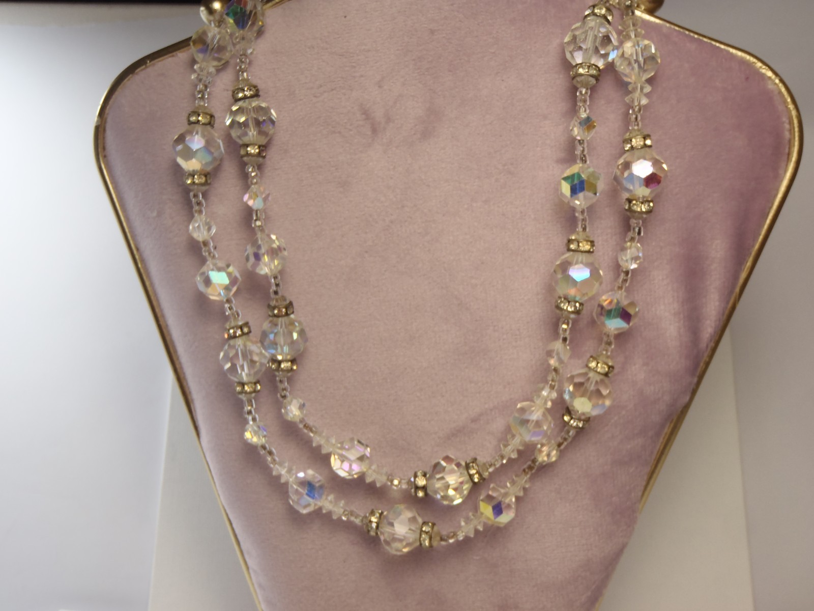 1950s Vendome Aurora Borealis AB Crystal Bead Double Strand Necklace 20in