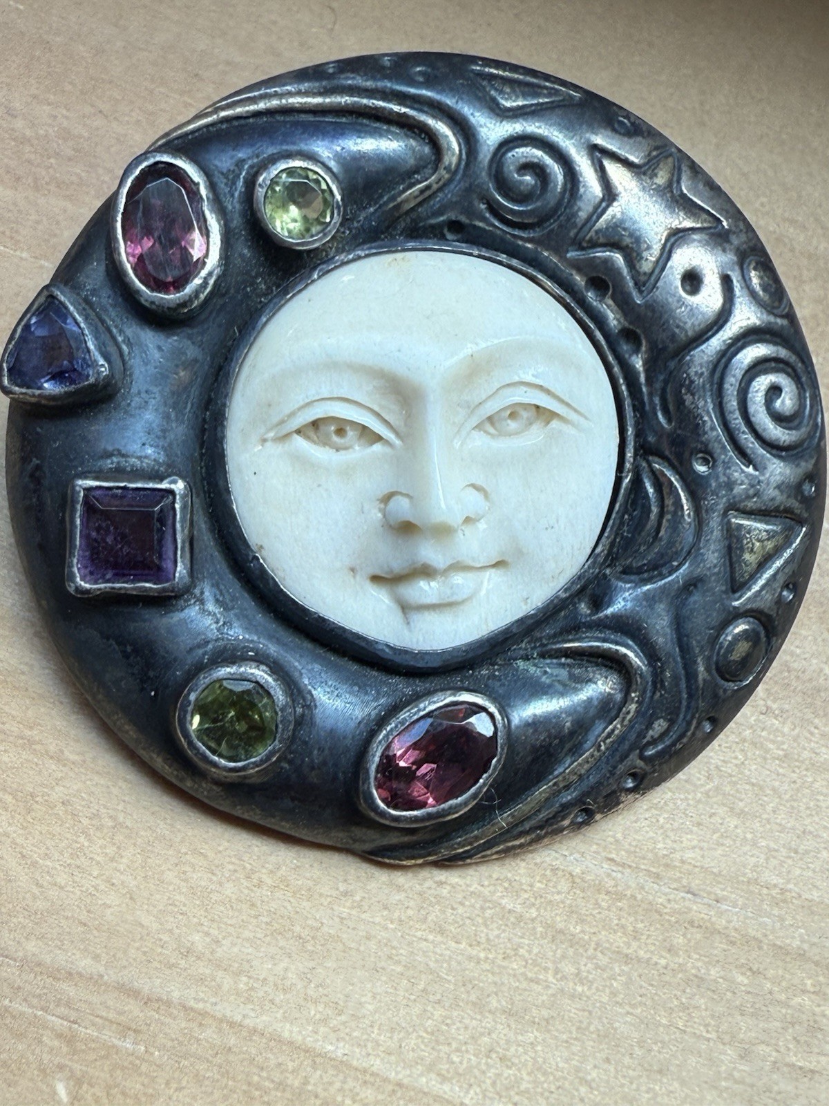 MYSTIC MOON FACE Sterling Silver Amethyst Topaz Carved Goddess Pendant Brooch