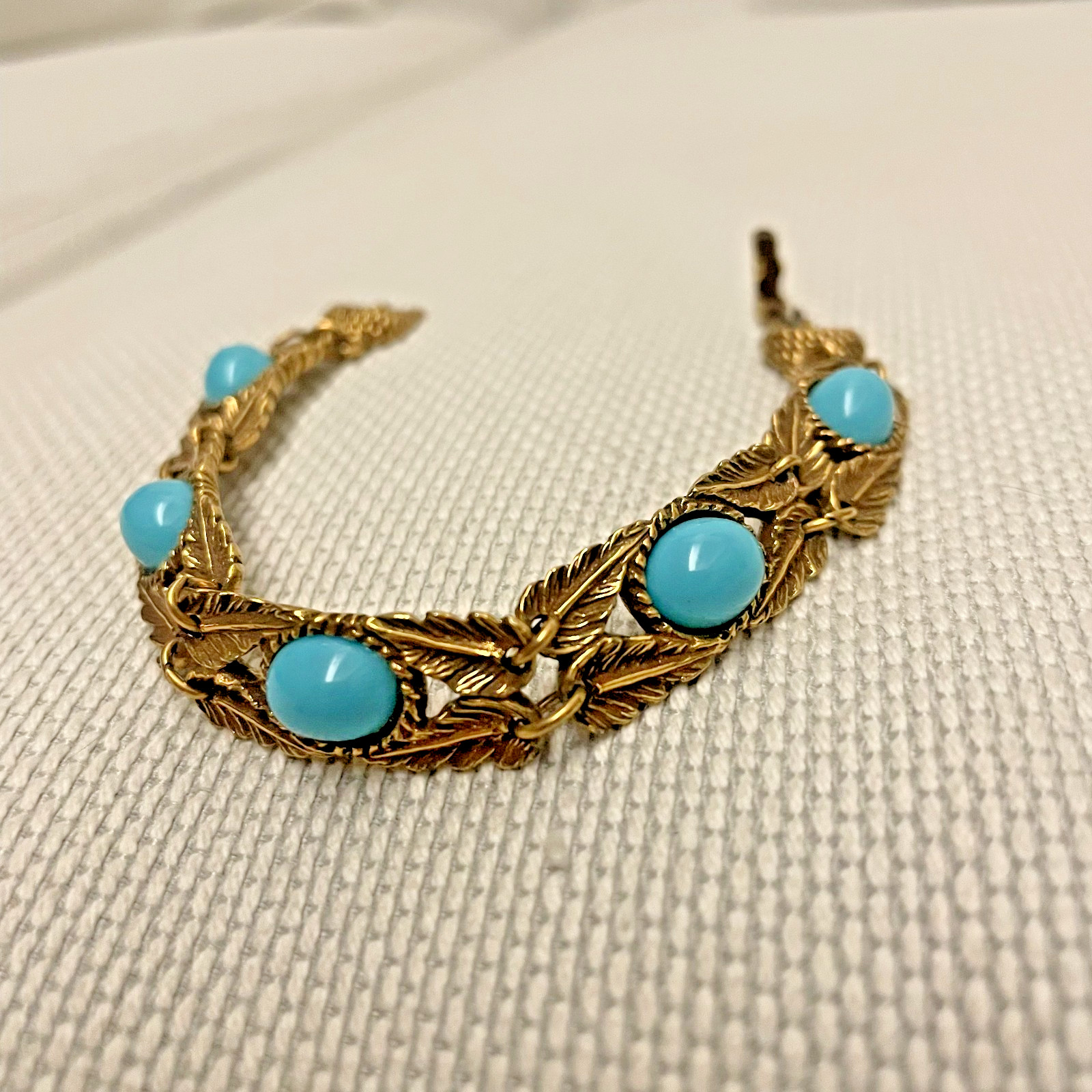 Vintage Goldette N.Y. Gold Tone Art Nouveau Bracelet w Faux Turquoise Cabochons