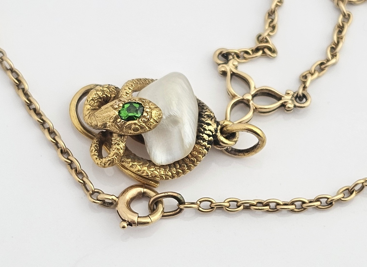 14K Gold Art Nouveau Demantoid Garnet Pearl Snake Serpent Necklace Antique 22in