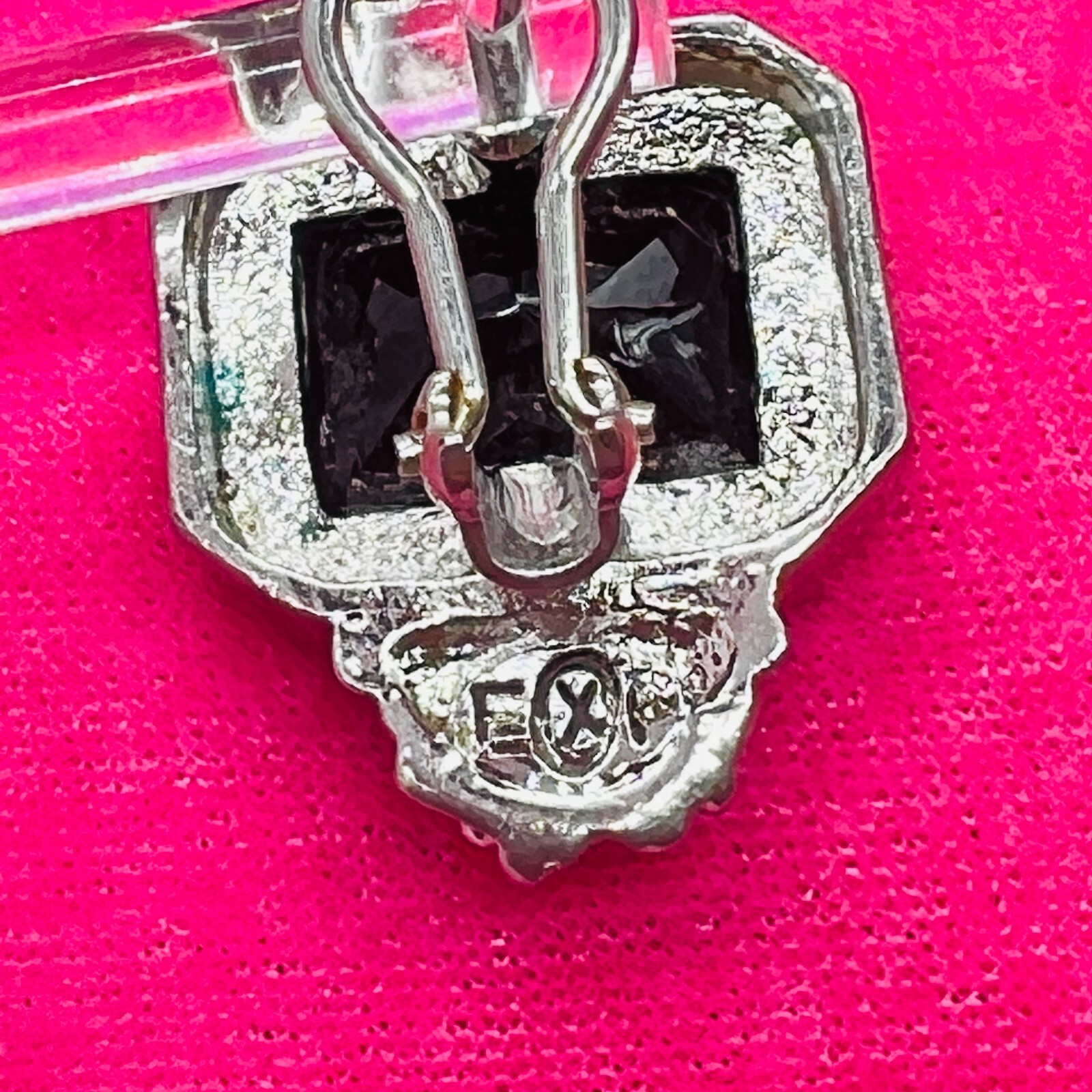 Vintage EXP Signed Silver Tone Earrings Black Stone Square Cut Grape Rectangle