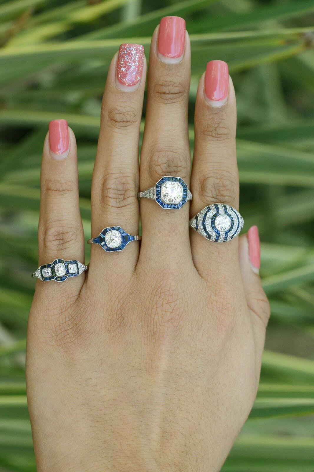 Antique Old Mine Cut Diamond & Sapphire Art Deco Style Engagement Ring