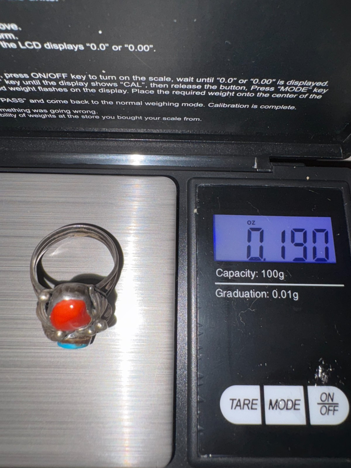 Vintage Silver Native American JW Turquoise & Coral Ring Size 6.5 US
