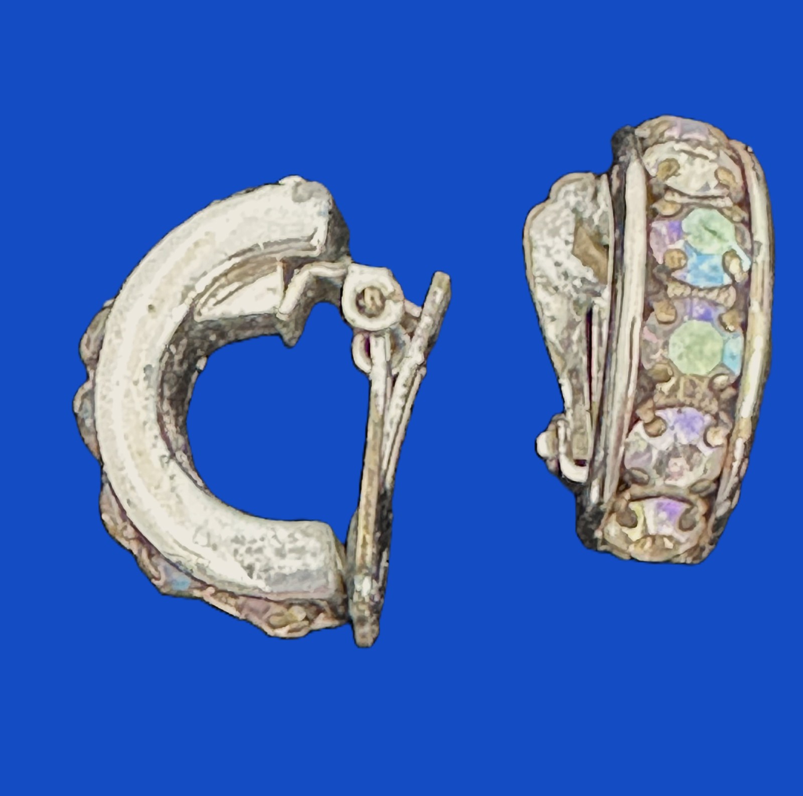 JJE205 Silver Plate Semi Circle Clip On Earrings w Colored zircons VTG