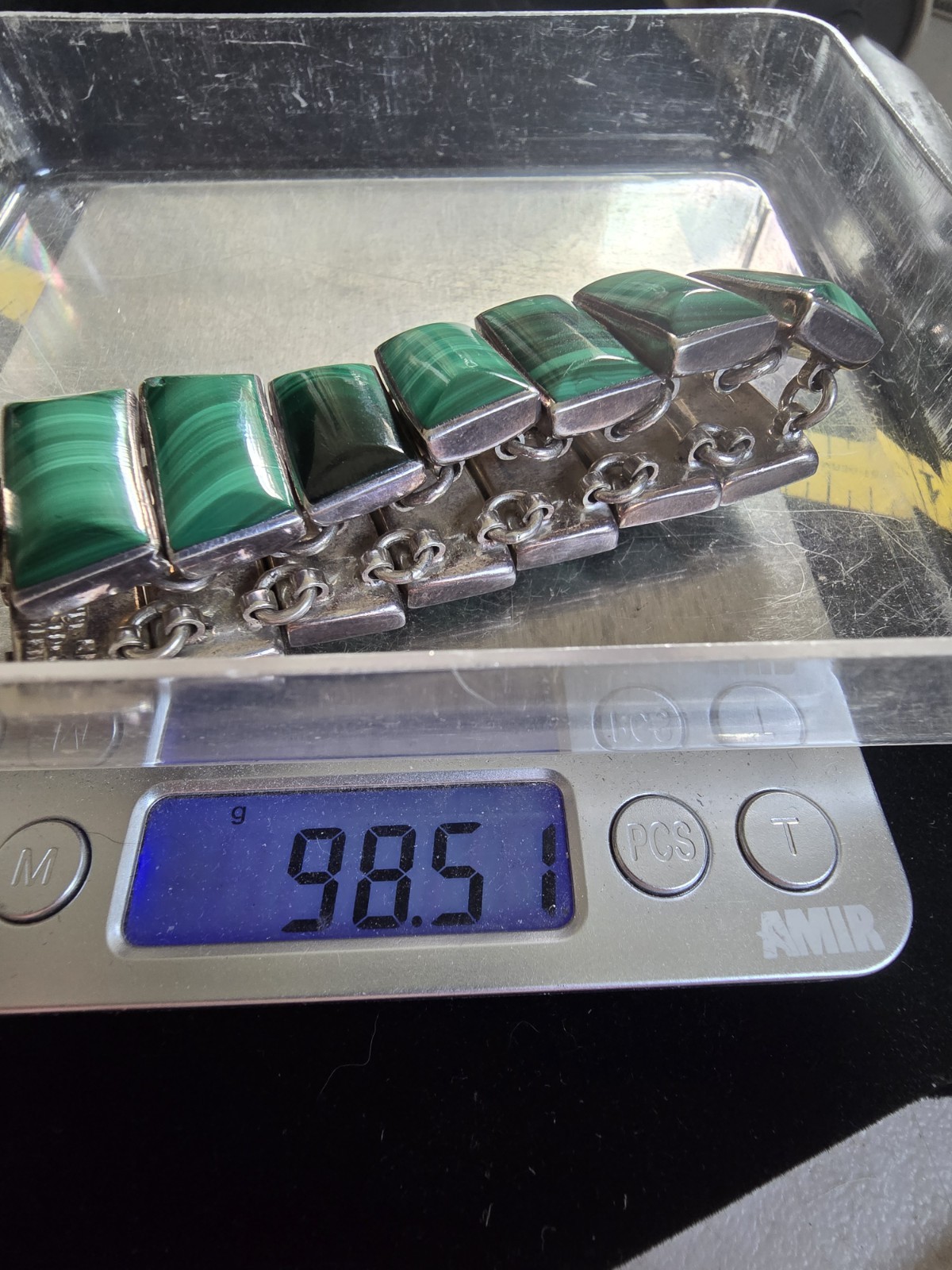 Vintage Mexico 950 Sterling Silver Malachite Inlay Link Panel Bracelet – 6.5”