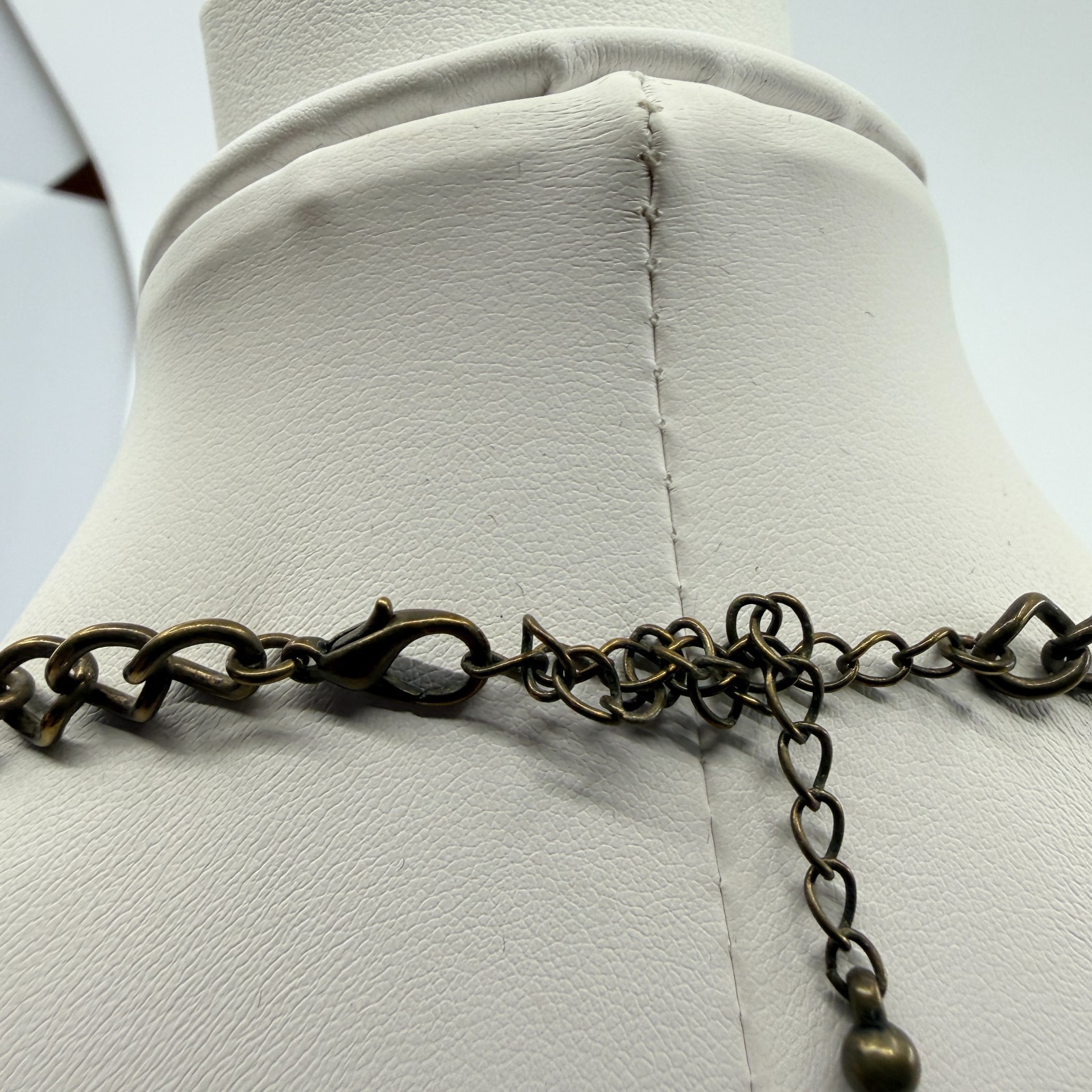 Vintage Bronze Tone Multi Strand Bib Necklace Chunky Statement Green Bead Boho
