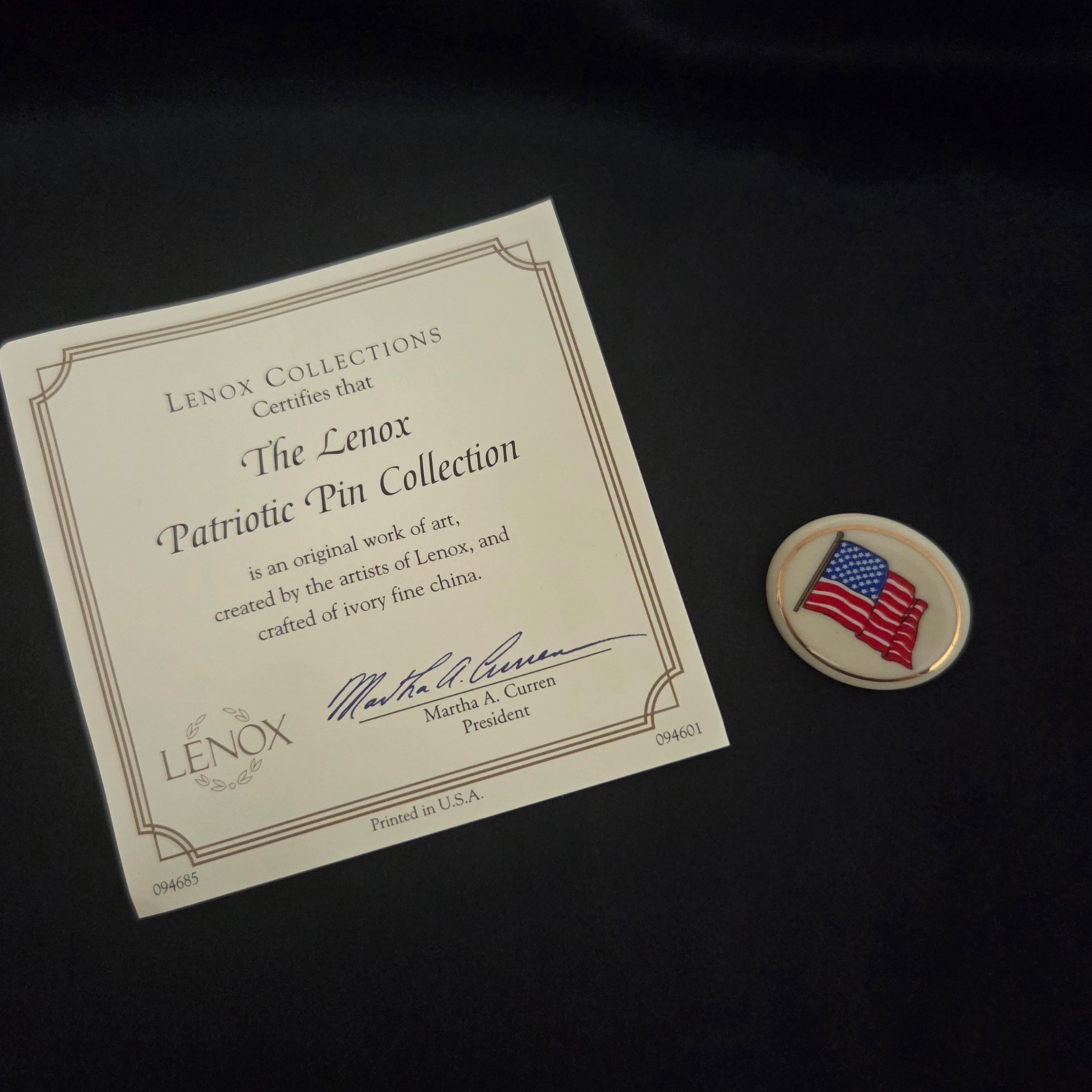 LENOX-Ivory Fine China- American Flag Oval Pin with Gold Trim 1¼” w/ Certificate