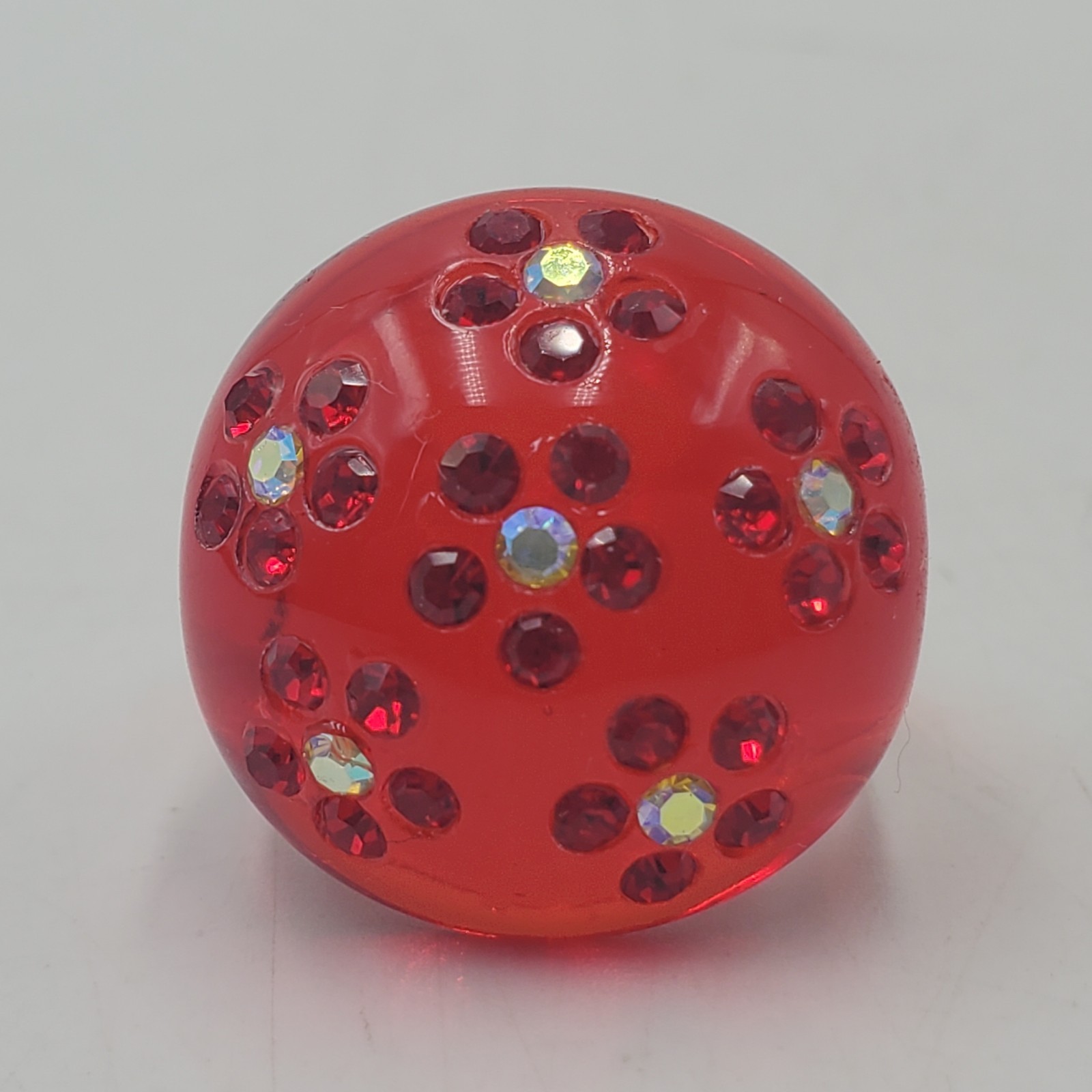 Vintage Lucite Rhinestone Flowers Ring 8 NEW Domed Red Boho Hippie Mod Retro