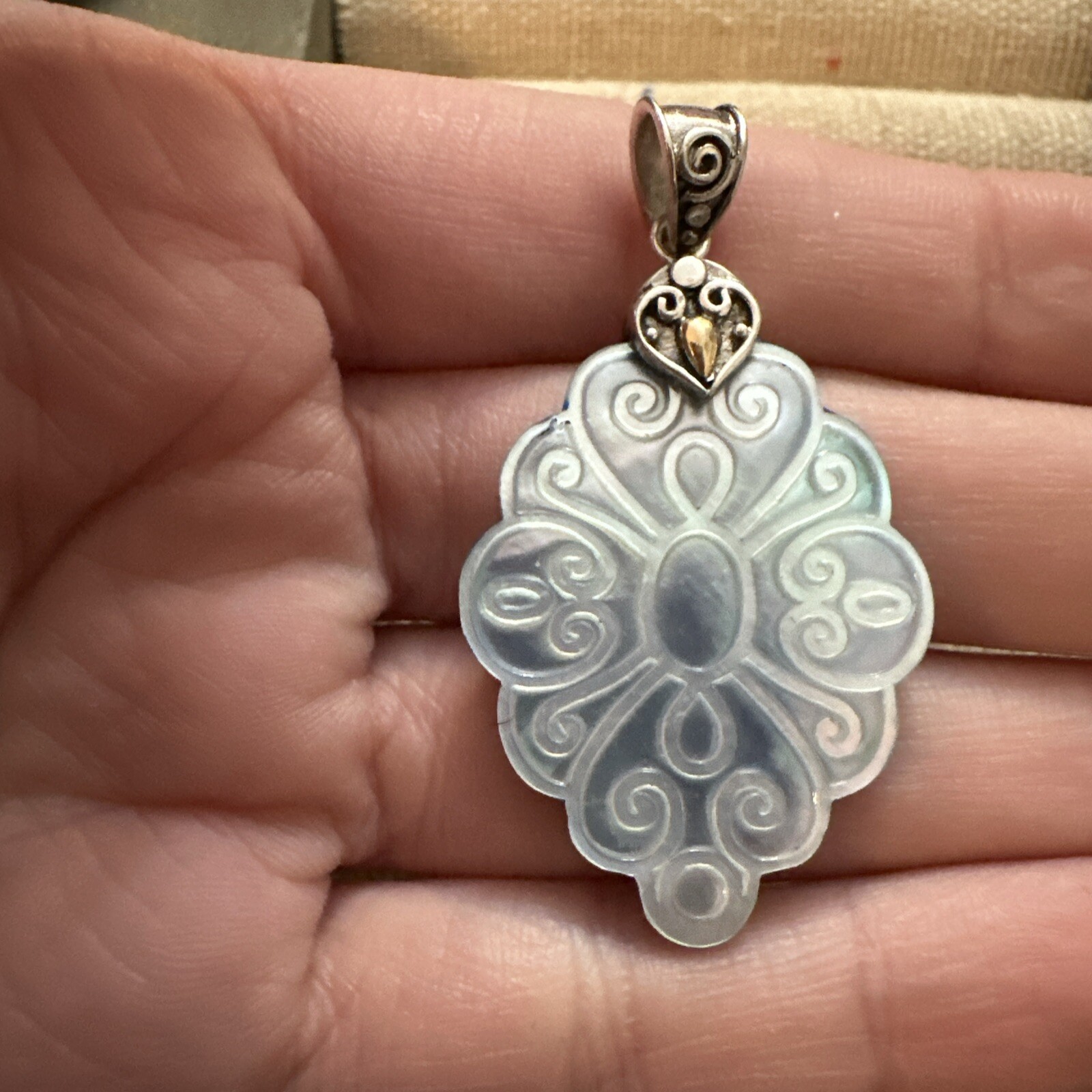 ROBERT MANSE 18K GOLD & STERLING SILVER CARVED MOP MOTHER OF PEARL PENDANT