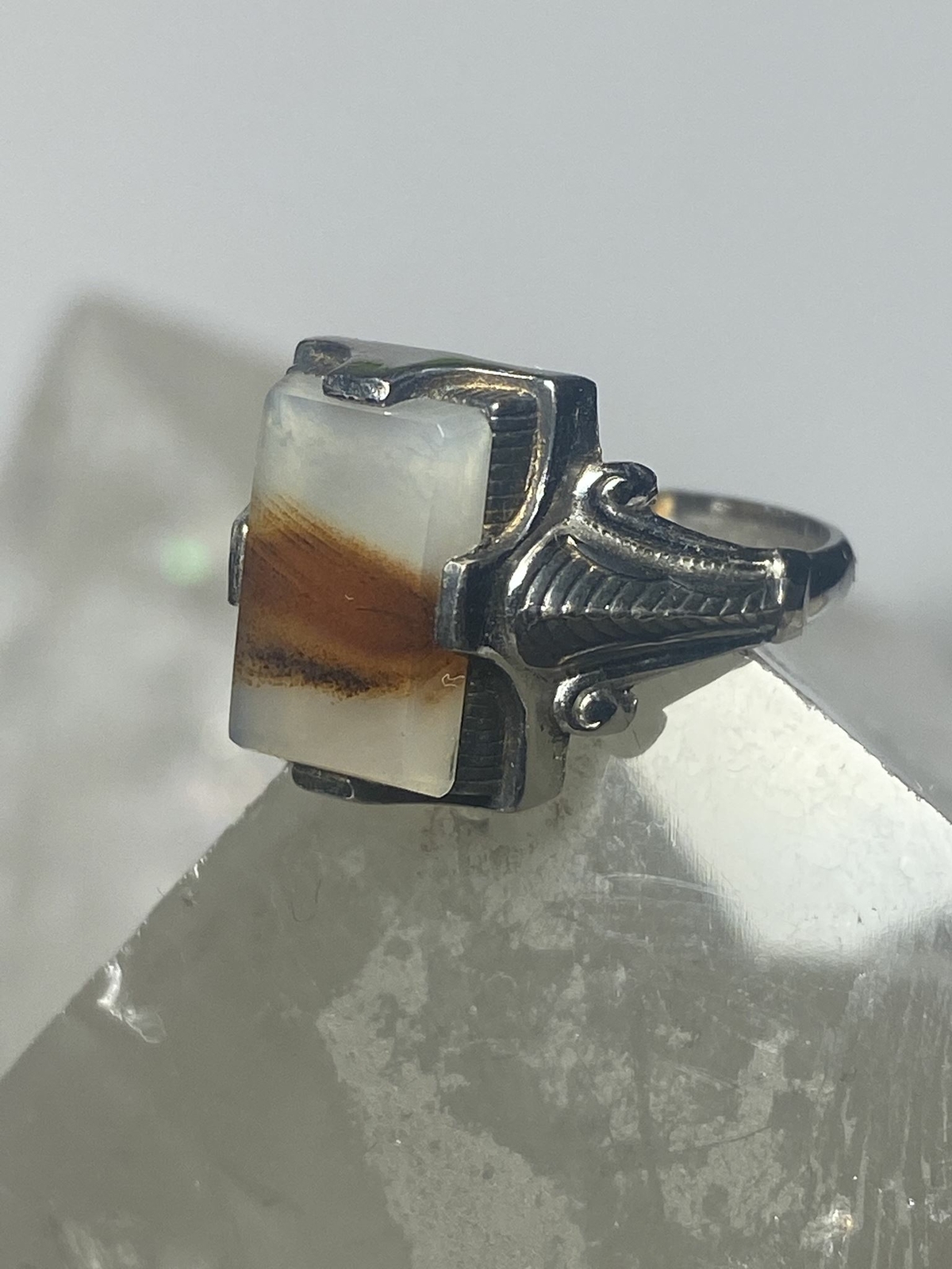 Agate ring Art Deco sterling silver women