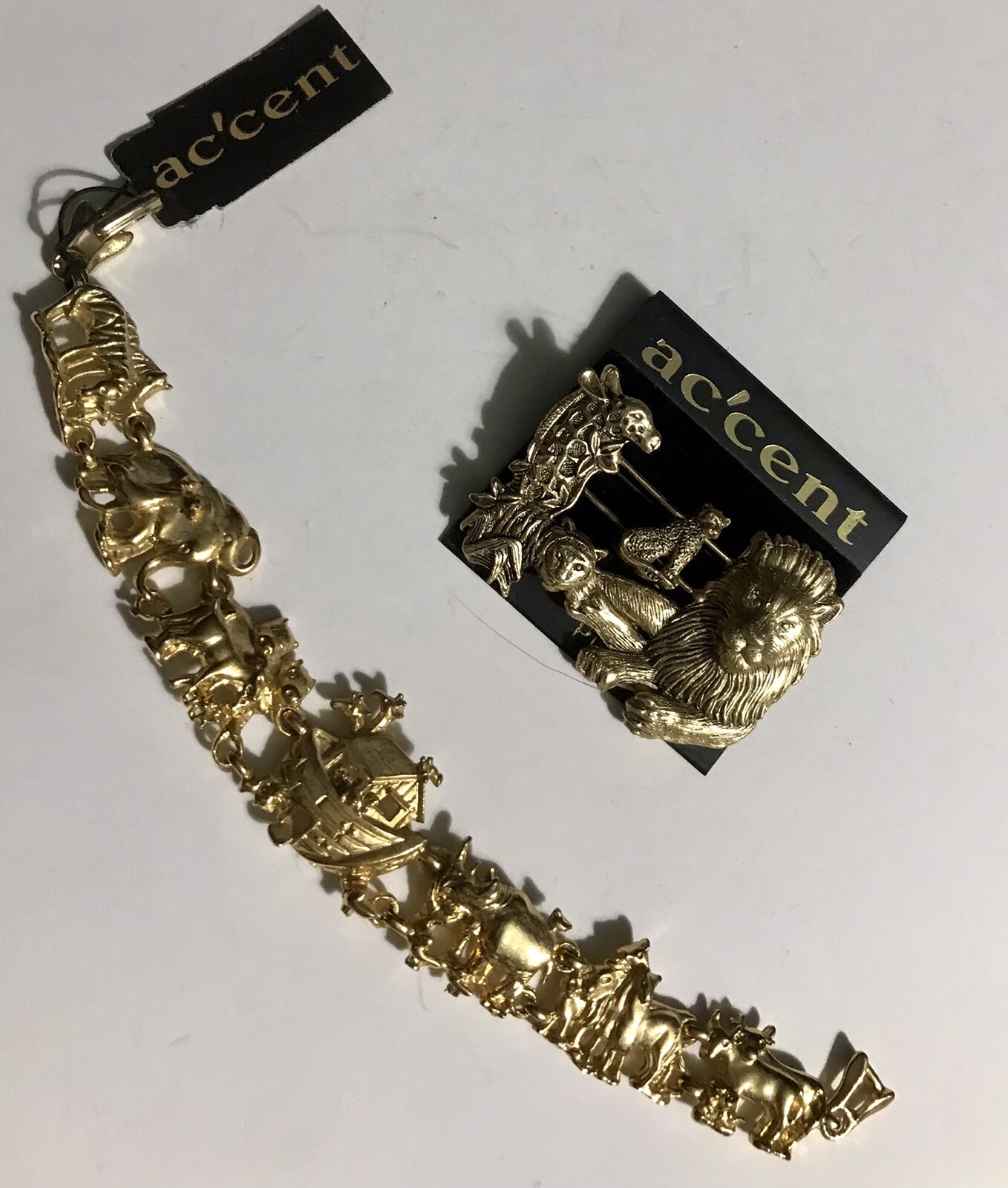New Vintage AC’CENT Bible Noah’s Ark Animal Creatures Bracelet Brooch/Pin Set