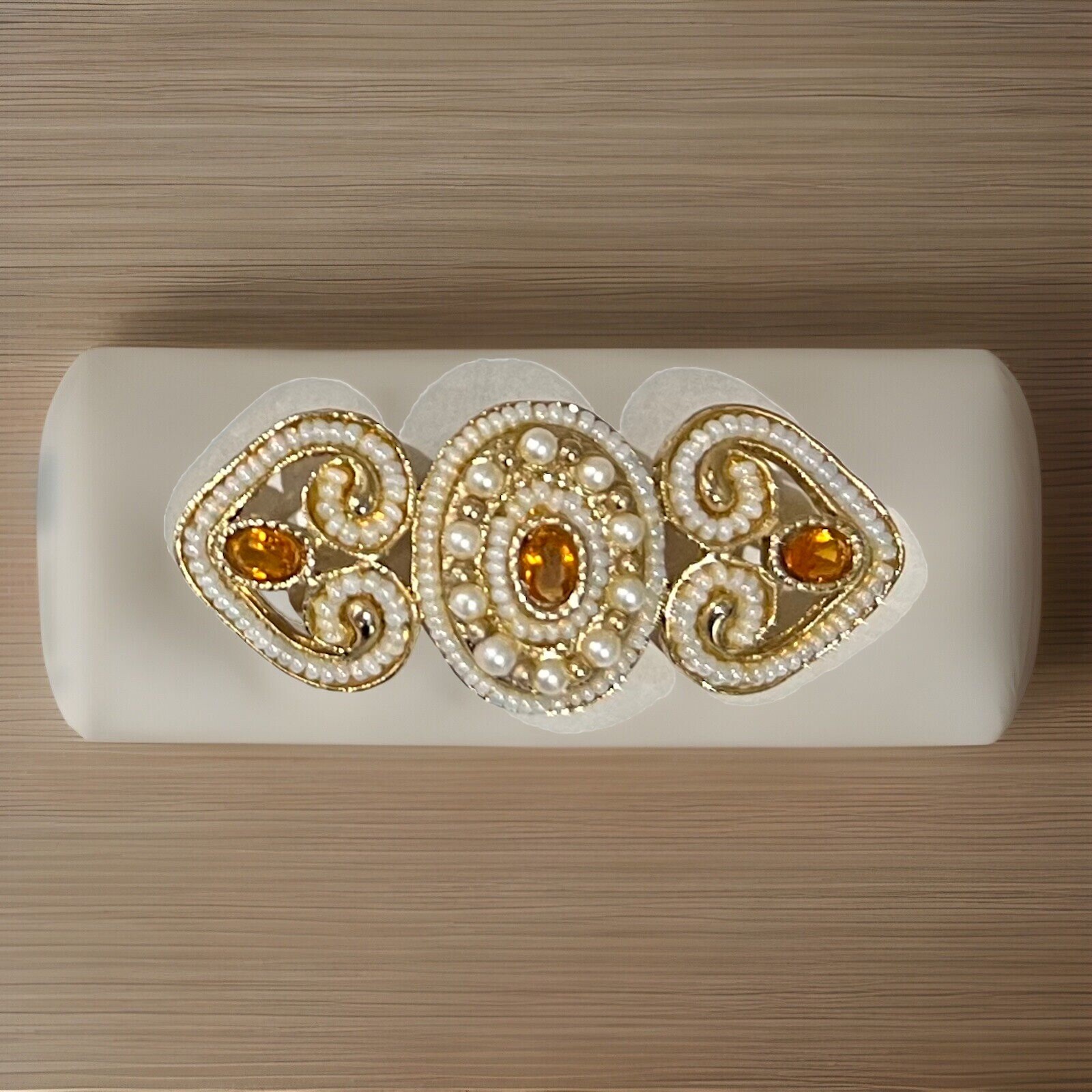 Amber Colored Brooch Crystal Gold Toned Faux Pearl Quality Vintage MCM