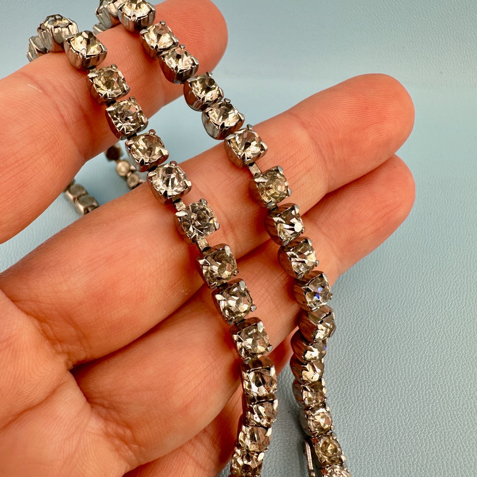 Vintage Rhinestone Choker Necklace Silver Tone Cup Chain Riviere Old Hollywood