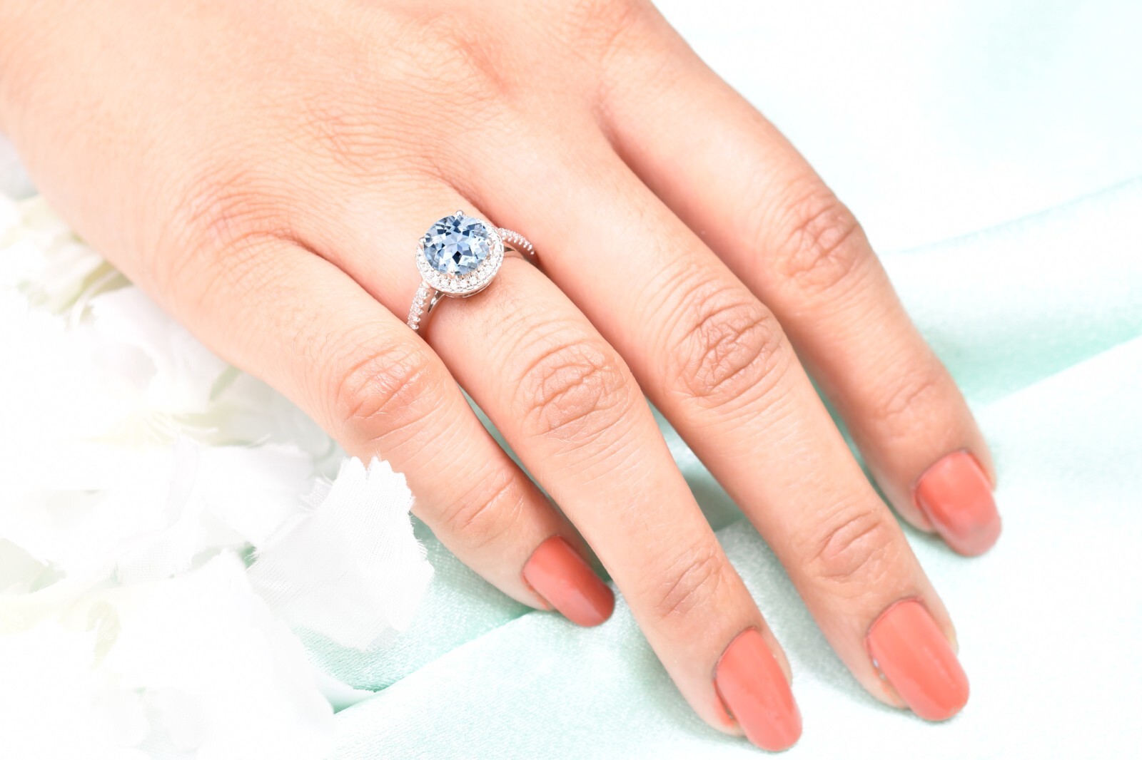 Round Cut Aquamarine Wedding Ring Anniversary Gift For Her Couple Ring Halo Ring
