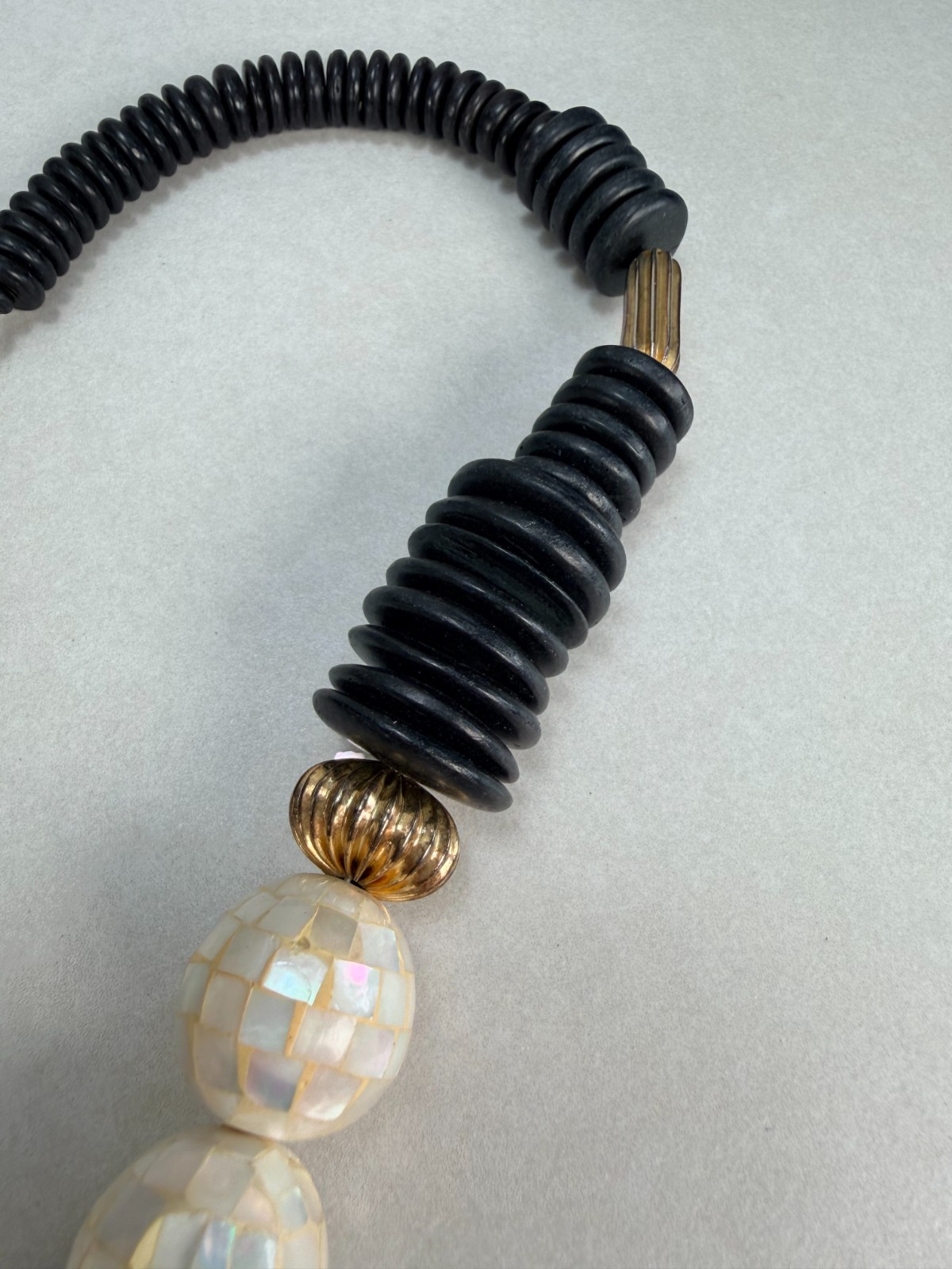 Vintage Stunning Mother Of Pearl Teardrop Pendant Necklace Black Bead Statement