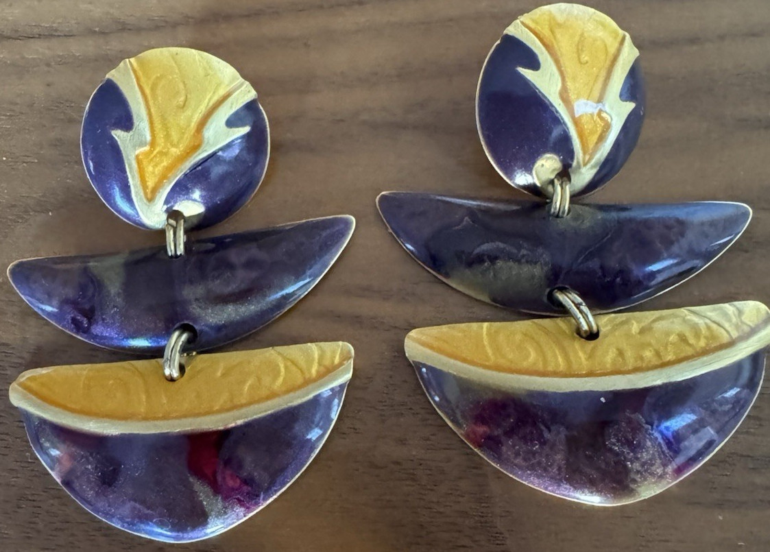 Edgar Berebi Enamel Dangle Earrings – Sculptural Modernist Gold Tone Vintage