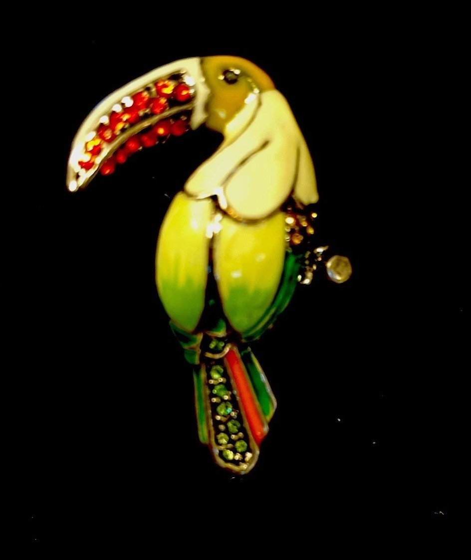VTG Enamel Rhinestone Lucite Silver Metal Alloy Wire Rhinestone Bird Brooch 1950