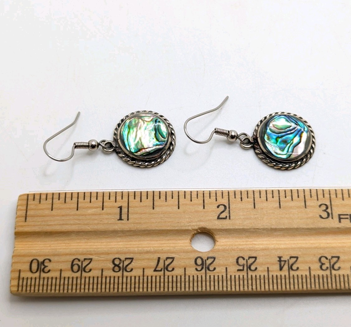 Vintage Abalone Round Circle Dangle Drop Pierced Earrings Silver Tone