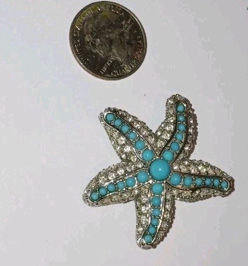 VINTAGE FAUX ART DECO SILVER TURQUOISE & CHRYSTAL PENDANT OR BROOCH BEACH VIBES
