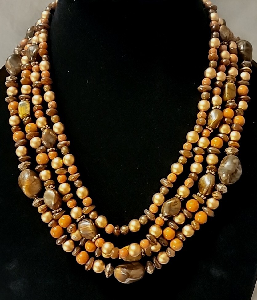 Vintage Brown And Bronze Color 4 Strand Beaded Necklace
